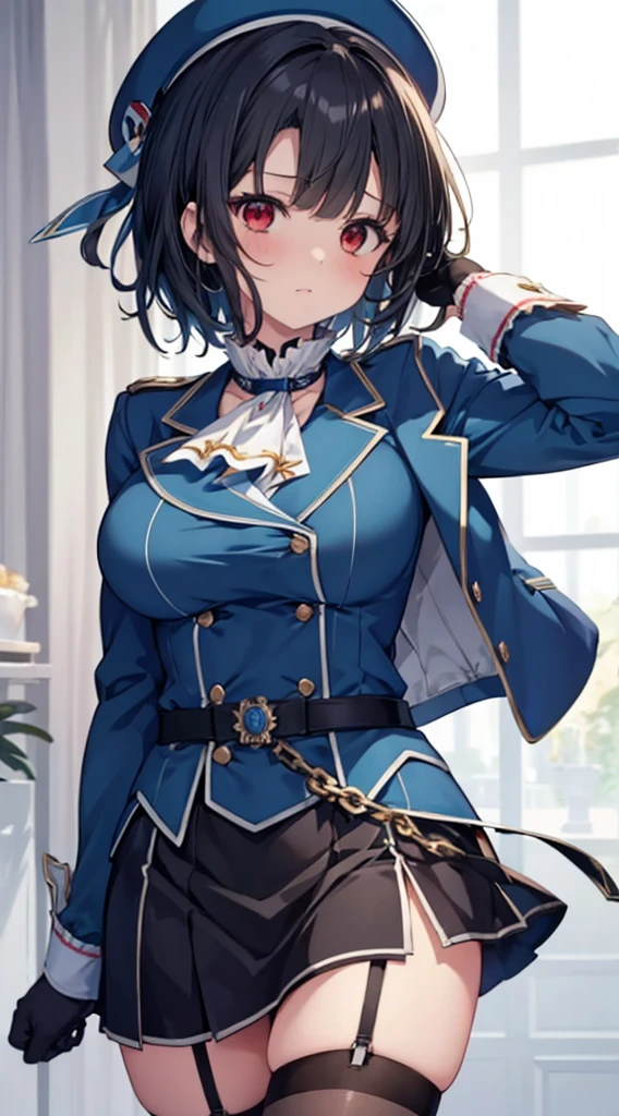 (masterpiece, highest quality:1.2),figure,8K,hd,1 girl,alone,Upper body,(portrait:1.2),Takao \(KanColle\),black hair,red eyes,short hair,big breasts,long sleeve,have,black gloves,black stockings,mini skirt,blue skirt,uniform,beret,garter strap,blue jacket,blue hat,pencil skirt,NSFW手を頭の後ろで組んで脚を開いてしゃがんでいる、