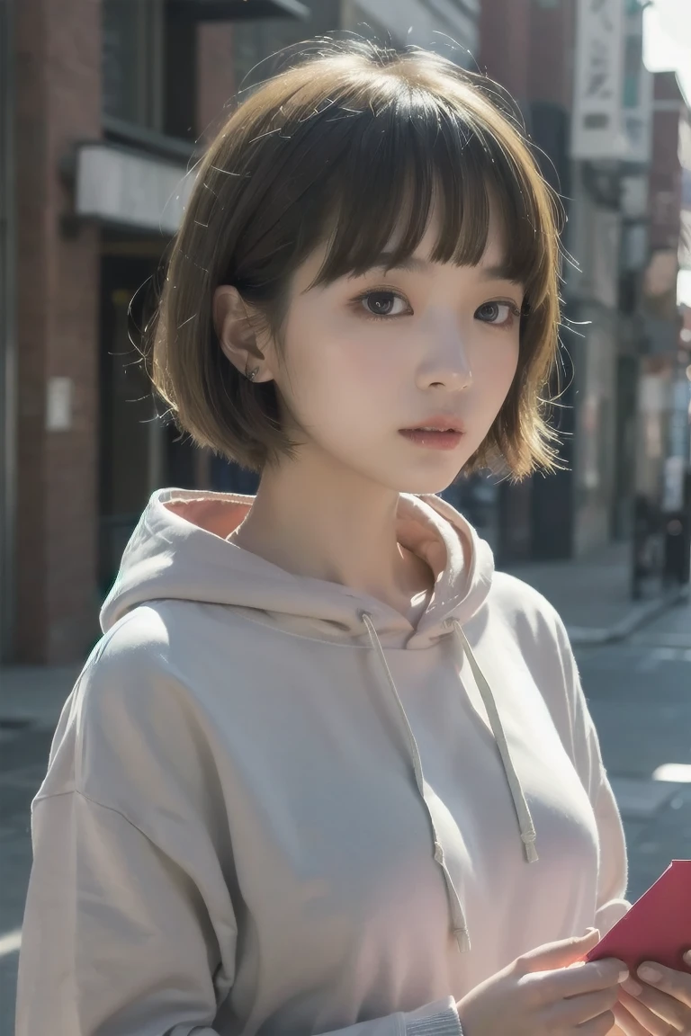  short hair、  short bob、Patsun、Loose Hair Color、  small breasts、  1 girl 、 white hoodie、 masterpiece 、  Japanese girl 、  absurd、  high resolution on down 、 Super detailed、 Can write letters  、​masterpiece、  extremely detailed CG、3D Photography、3D Background、8k、top-quality、Shadowy、  Clear Focus  、  white skin、  board with a drone、 Blurred Background、dynamic ungle、  closed mouth、 profile、  upper body、A meticulous eye for detail on a 、[Ultra Clear、Curvaceous、  red cheeks 