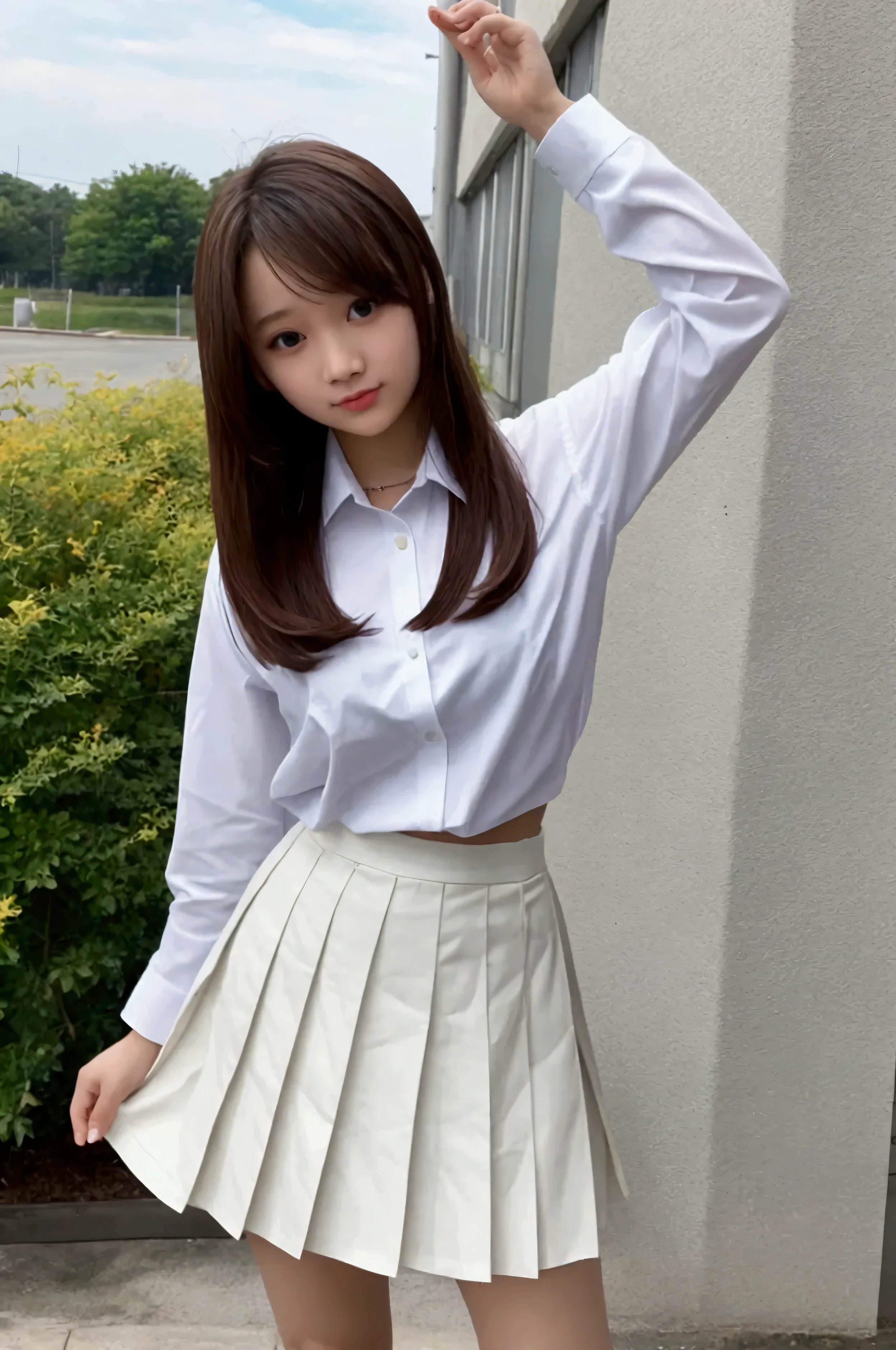 High school girl, white shirt, tiny pleated skirt