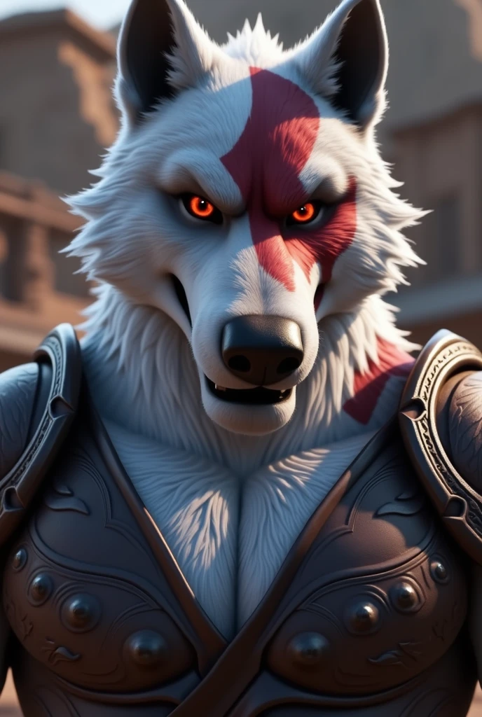 Death wolf, male muscular anthro. Red eyes, white fur, Angry , Looking at the viewer. God of War 2010 style, Red scar on the eye, which covers some of the , Blades of Chaos, AddXL, cinematic lighting, cinematic angle, soft light, color detail, backlighting, Depth of field, long exposure, light steps, intricate colors, vibrant colors, Full body view, Outdoor, Ancient Greece background,