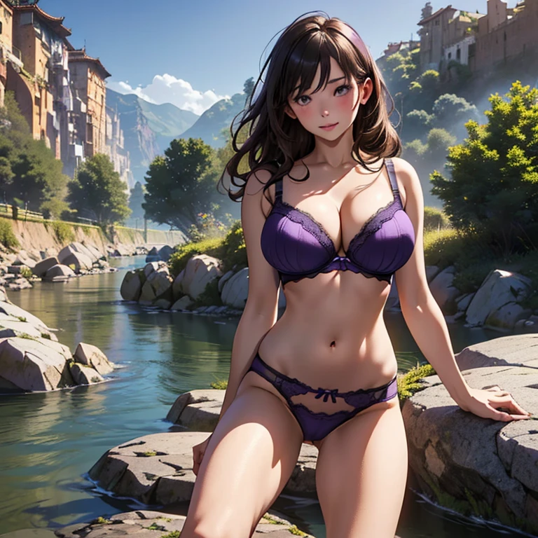 1girl, (big breasts wearing purple thin bra:1.53), (14yo Mongolian woman:1.1), (light brown panties:1.44), (hips:1.3), (vaginal curve:1.16), (posing one hand on waist, one leg on rock:1.21), in river with urban background