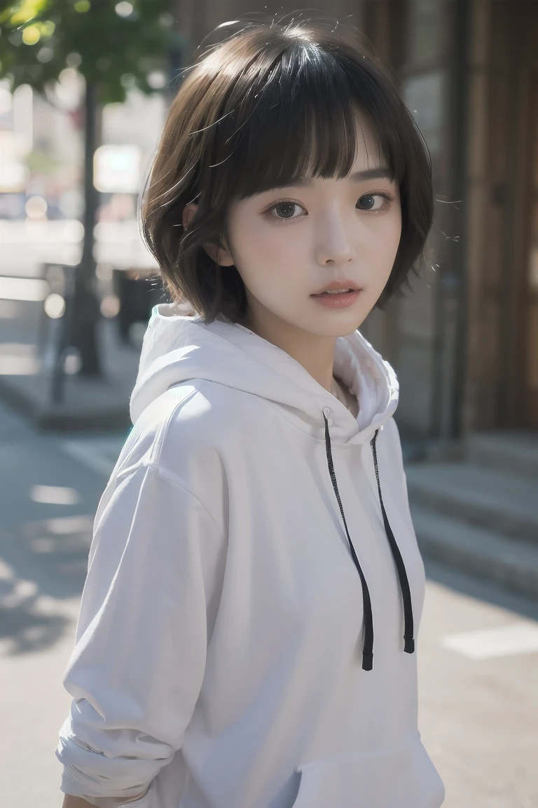  short hair、  shortcuts、Patsun、Loose Hair Color、  small breasts、  1 girl 、 white hoodie、 masterpiece 、  Japanese girl 、  absurd、  high resolution on-down 、 Super detailed、 Can write letters  、​masterpiece、  extremely detailed CG、3D Photography、3D Background、8k、top-quality、Shadowy、  Clear Focus  、  white skin、  board with a drone、 Blurred Background、dynamic ungle、  closed mouth、 profile、  upper body、A meticulous eye for detail on a 、[Ultra Clear、Curvaceous、  red cheeks 