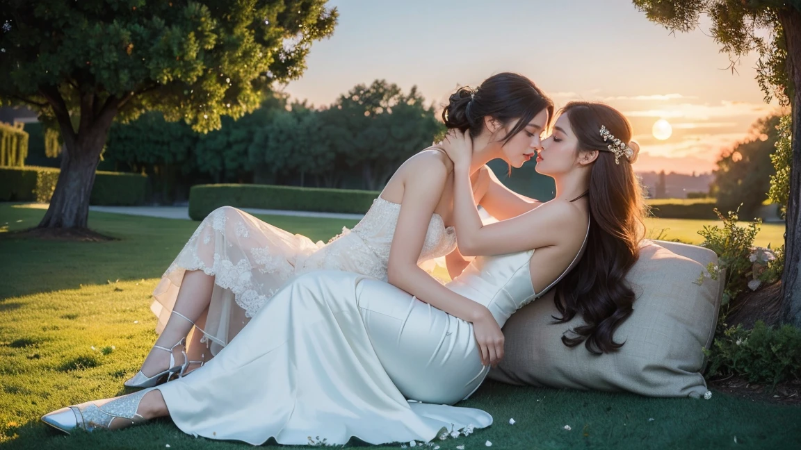 (masterpiece, best quality:1.5), highest quality, High resolution, super detailed, Realists, Upper body photo of a brunette woman, detailed and beautiful eyes, beautiful detailed lips, very detailed eyes and face, longeyelashes, Woman in short dress made of shiny satin fabric, Beautiful and colorful makeup, elegant and noble々Pose,shiny satin headband, grind, Holding flowers, Gardens as background, soft daylight, bright colors, fine brushstrokes, Portrait style, Noble details in the dress fabric, beautiful color palette, glowing skin, First-class rendering, that captures every detail, enchanting atmosphere, subtle shadows and lights, (perfect anatomy:1.2), (The two stunning women lie in the grass with their legs spread and are deeply in love with each other, Touch vagina, Mastrubation,:1.4), (kiss:1.2), (magnificent panorama view:1.2)