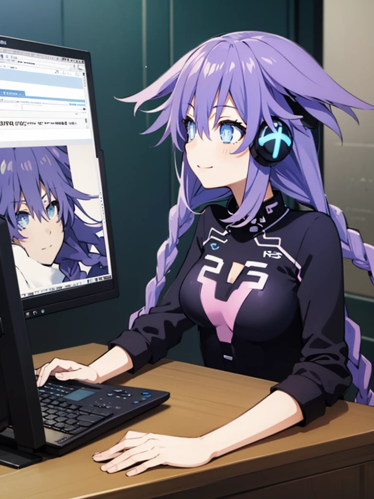 “A alone mature woman exudes elegance and confidence as she sits in a black and purple gaming chair positioned in front of a desk decorated with monitors, keyboards, and computers. She wore a purple short jacket combined with a black tank top and black trousers, highlighting her purple pupils and a graceful necklace. High-tech wireless headphones in black and purple adorned his ears, emitting soft purple LED light. Her perfect figure exuded maturity and attractiveness, embodying her intelligence and sophistication.