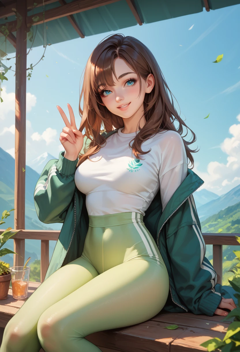  Amazing profile picture of a sexy woman wearing her long brown hair with bangs, blue eyes,  looking and smiling seductively , soft lips, blushed intensely, mint green tights , medium breasts,  perfect body , sitting on the mountain top , illuminated by the light of the afternoon,  high resolution , peace,perfect anatomy, nature 