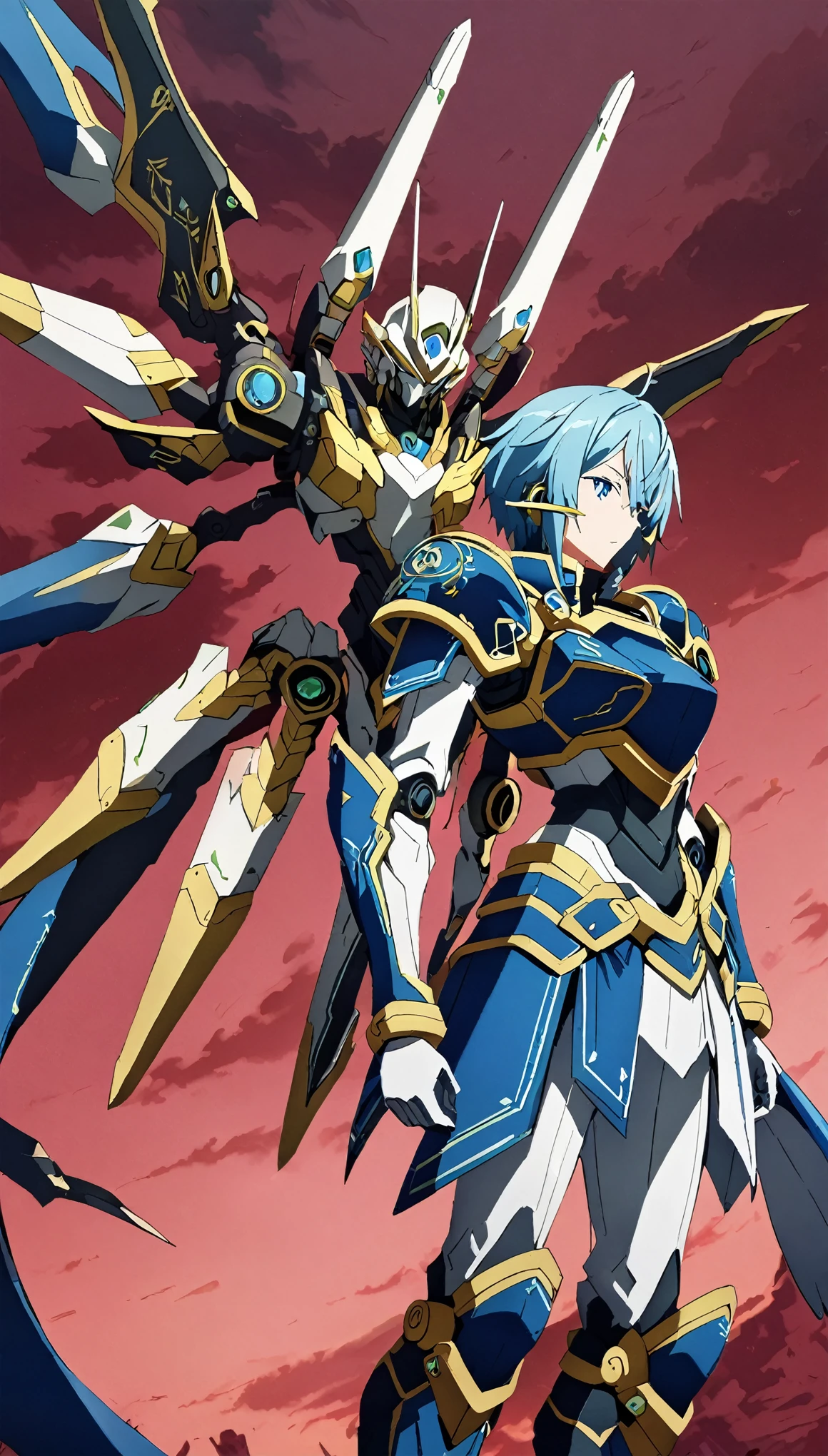 Alone,  1 girl, Android is not alone, shino asada,  short hair, bangs,  blue eyes,  hair ornament,  hair between eyes ,  blue hair ,  side lock, Vertical pupil, Gloves,  long sleeve , Wings, white Gloves, armor, shoulder armor, breastplate, blue armor,, arms, Focus on women, Cape, armor, Androidized 、Robotization, Handguard,  waist wrap skirt , breastplate, full armor， thigh high heel boots ,  robotic joints 、 anatomically correct mechanical body　(((masterpiece)))， ((Best Quality))， (( intricate detail ))　(8k)、  full body shot