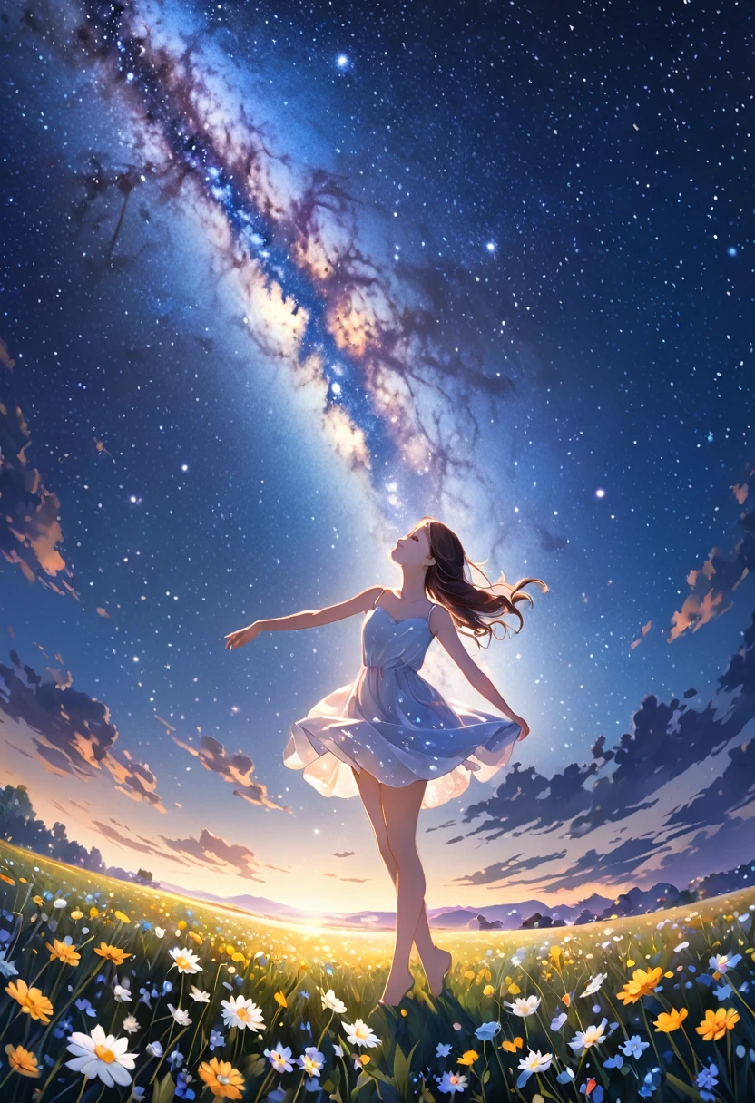 Milky Way in the sky, a pretty  looking up at the Milky Way, posture is pinned in close-up body, landscape with dancing wind and flowers, painting with beautiful expression of light, the girl is standing as if dancing