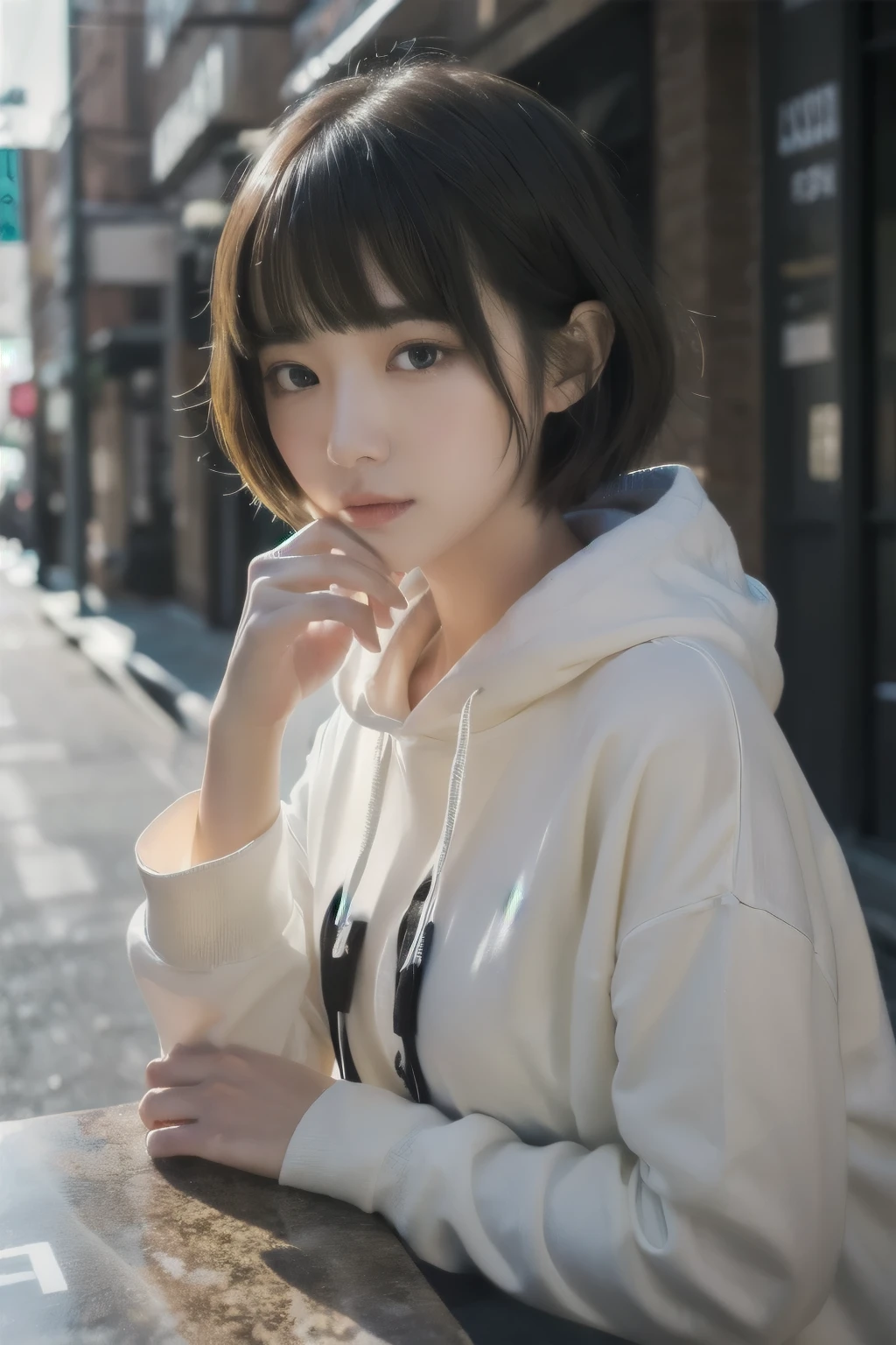  short hair、  short bob、Patsun、Loose Hair Color、  small breasts、  1 girl 、 white hoodie、 masterpiece 、  Japanese girl 、  absurd、  high resolution on-down 、 Super detailed、​masterpiece、  extremely detailed CG、3D Photography、3D Background、8k、top-quality、Shadowy、  Clear Focus  、  white skin、  board with a drone、 Blurred Background、dynamic ungle、  closed mouth、 profile、  upper body、A meticulous eye for detail on a 、[Ultra Clear、Curvaceous、  red cheeks 