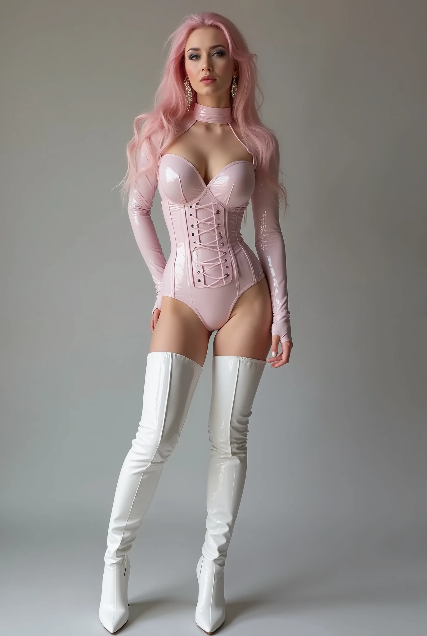 score_9,score_8_up,score_7_up,8k,hd,1girl, Highest quality, masterpiece, beautifully detailed eyes, full body shot (dark skin), blonde wavy hair, gradient hair, pink highlights in hair, big exposed , tied hung upside down, realistic gravity, makeup, glossy lips, full lips, (natural lighting), wearing white high waist crotchless pantyhose, strappy bondage , platform footwear, platform thigh high boots, white background, tied up 