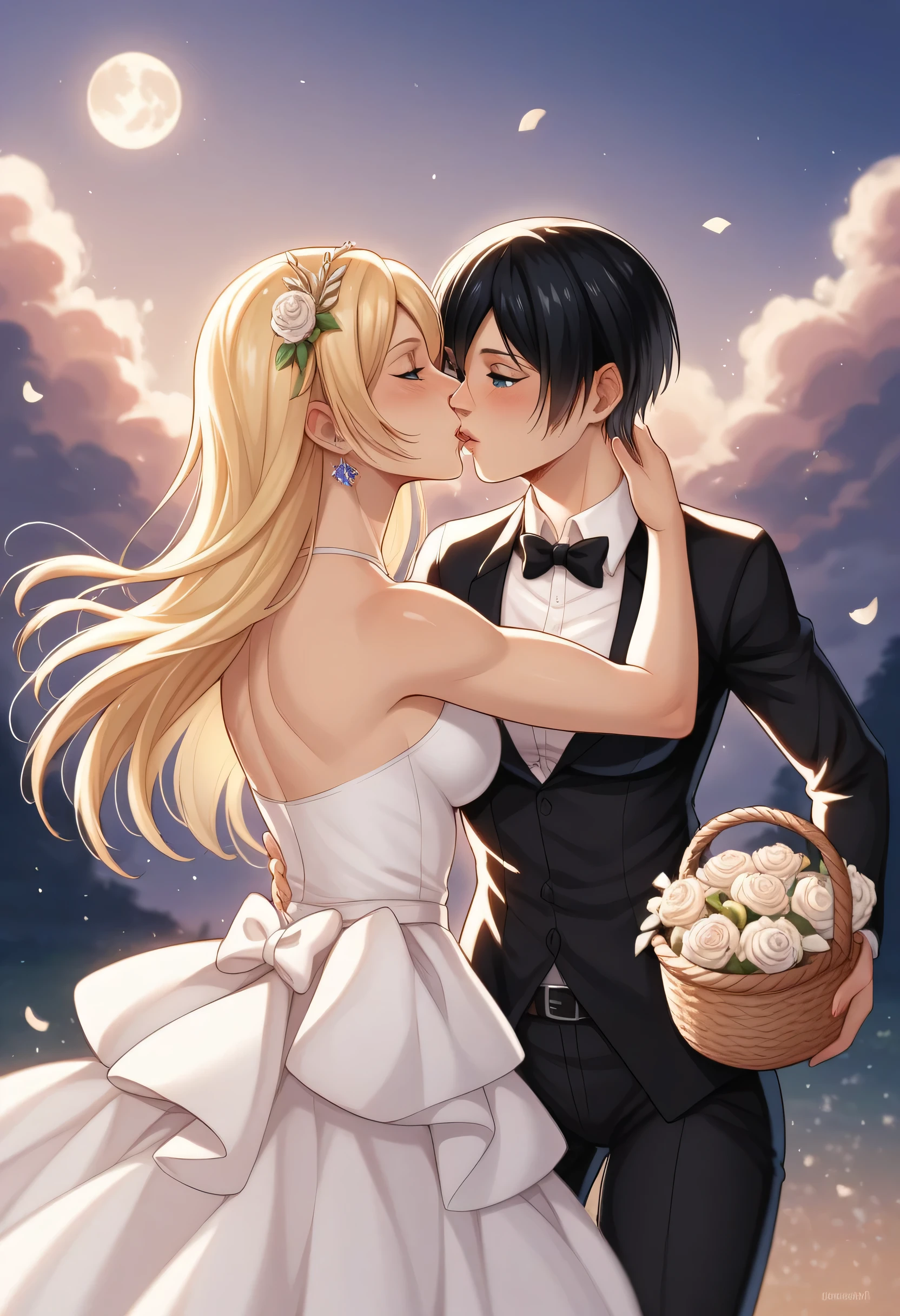 score_9, score_8_up, score_7_up, BREAK source_anime, historia reiss, blue eyes, blonde hair, long hair, medium breasts,Historia  beautiful wedding dress white,female black hair soldier with historia,Mikasa with historia are married ,mikasa wreanig black tuxedo,Mikasa female with short hair,mikasa female medium breasts,in night,moon in sky,mikasa final season,mikasa,Mikasa carries Historia hands،mikasa femboy,mikasa final season,historia blonde hair,mikasa carrying historia,Mikasa and historia in party in middle night,,mikasa final season,girls love,girl×girl,lesbians,yuri,romantic wallpapers,historia and mikasa laughs,both wreanig rings marriage,mikasa pixie cut hairstyle,historia royale wedding dress 👰,preview close character's,mikasa muscle almost appear on her black tuxedo,,attack on titan graphics style,historia wearing beautiful royale Earrings, mikasa with tuxedo looks lustfully and manly,historia hold basket flowers,Historia's curves protrude under her wedding dress,historia shorter than mikasa,Mikasa kissing historia face,