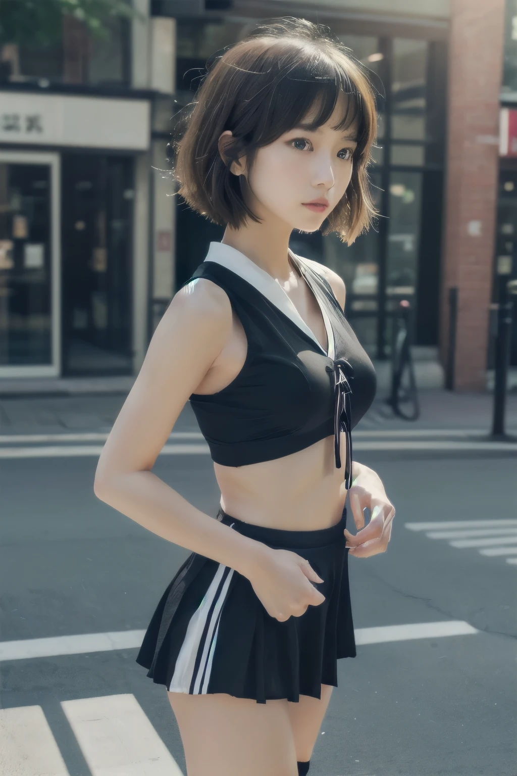  short hair、  short bob、Patsun、Loose Hair Color、  small breasts、  1 girl 、Cheerleader Costume、 masterpiece 、  Japanese girl 、  absurd、  high resolution on-down 、 Super detailed、​masterpiece、  extremely detailed CG、3D Photography、3D Background、8k、top-quality、Shadowy、  Clear Focus  、  white skin、  board with a drone、 Blurred Background、dynamic ungle、  closed mouth、 profile、  upper body、[Ultra Clear、Curvaceous、  red cheeks 