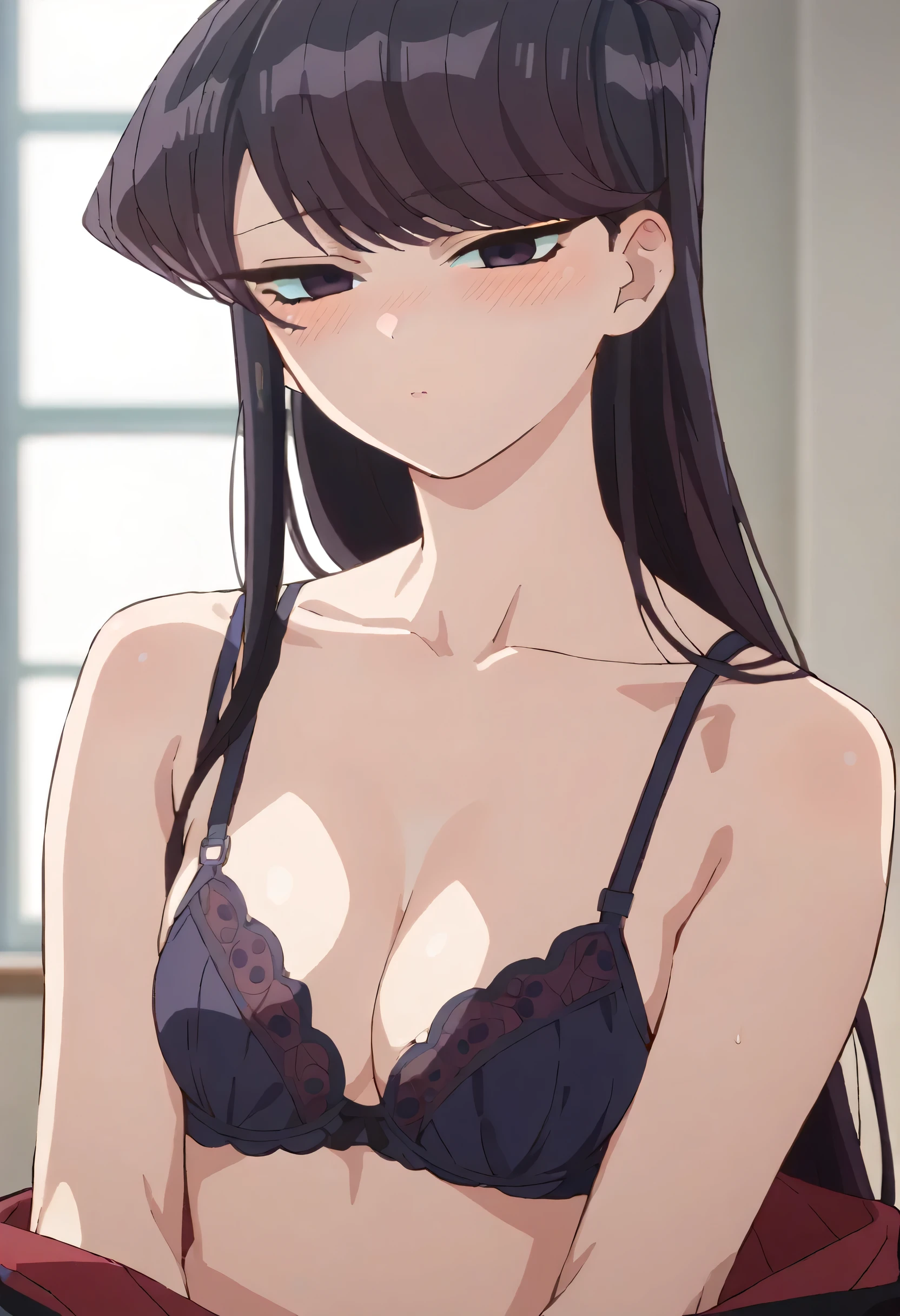 shouko komi, long hair, bangs, black hair, black eyes, half-closed eyes, komi, medium breasts, purple bra, purple panties, blush, upper body