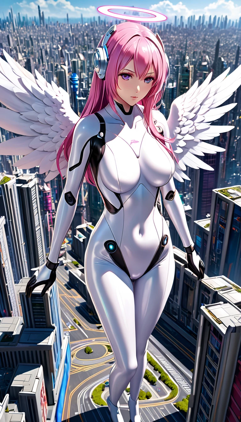 jibril,(big breast),(big white wing),(angel wing),(glamorous),full body,(girl towering over miniature city),plugsuit,pink latex bodysuit,shiny bodysuit,colorful hair,halo,sharp focus,extremely detailed CG,expressionless,realstic,(mechanical ear),standing,front view