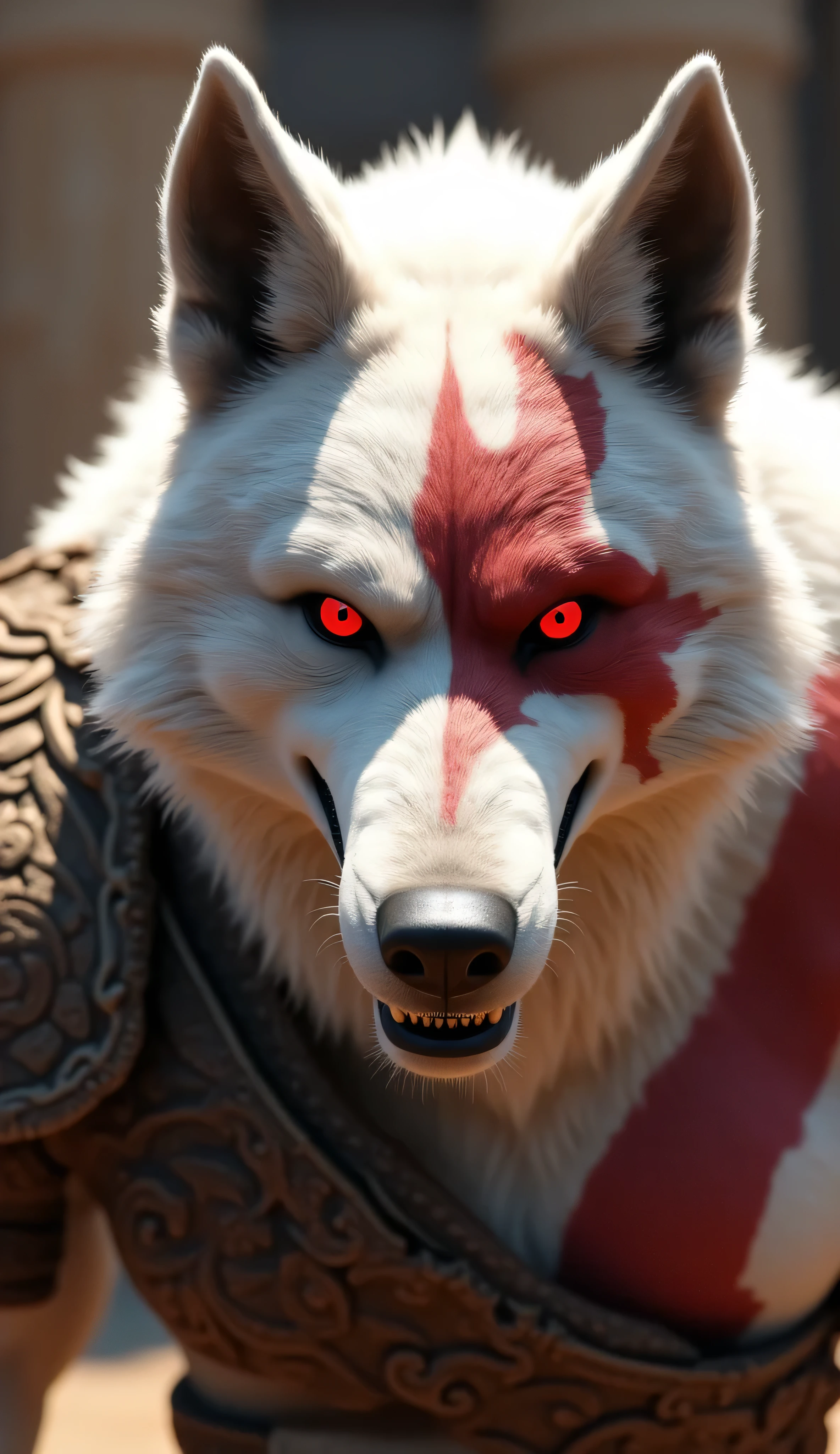 Death wolf, male muscular anthro. Red eyes, white fur, Angry , Looking at the viewer. God of War 2010 style, Red scar on the eye, which covers some of the , Blades of Chaos, AddXL, cinematic lighting, cinematic angle, soft light, color detail, backlighting, Depth of field, long exposure, light steps, intricate colors, vibrant colors, Full body view, Outdoor, Ancient Greece background,