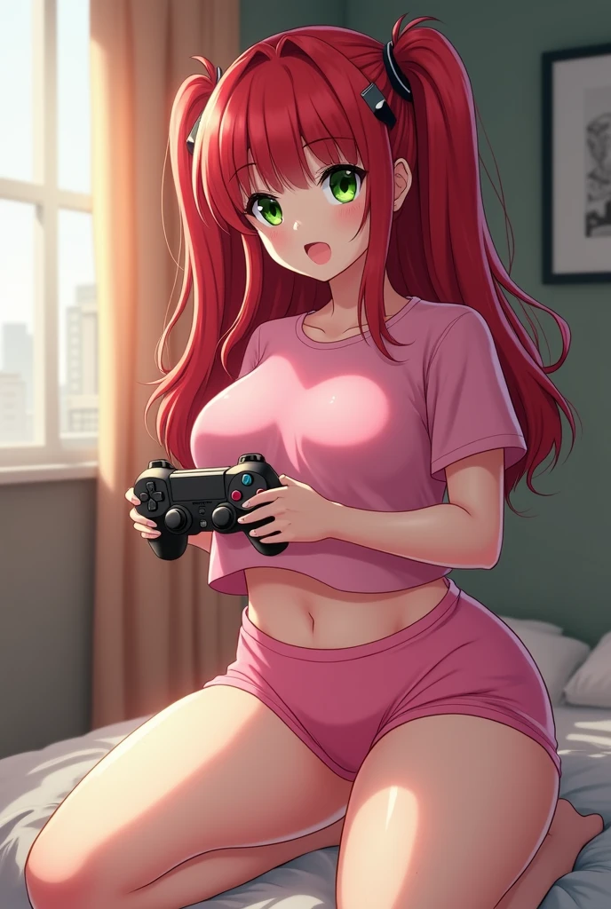 Sunset shimmer, sitting on her bed, holding a game controller, playing a video game, in her underwear