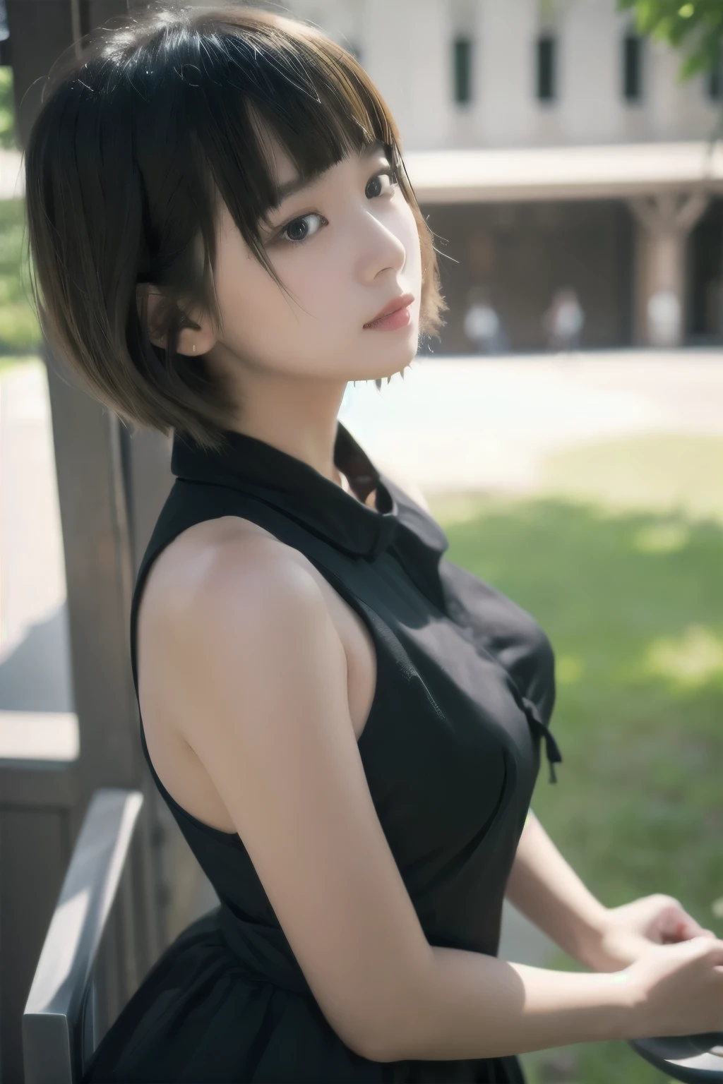  short hair、  short bob、Patsun、Loose Hair Color、  small breasts、  1 girl 、Waitress Outfit、 masterpiece 、  Japanese girl 、  absurd、  high resolution on down 、 Super detailed、​masterpiece、  extremely detailed CG、3D Photography、3D Background、8k、top-quality、Shadowy、  Clear Focus  、  white skin、  board with a drone、 Blurred Background、dynamic ungle、  closed mouth、 profile、  upper body、[Ultra Clear、Curvaceous、  red cheeks 