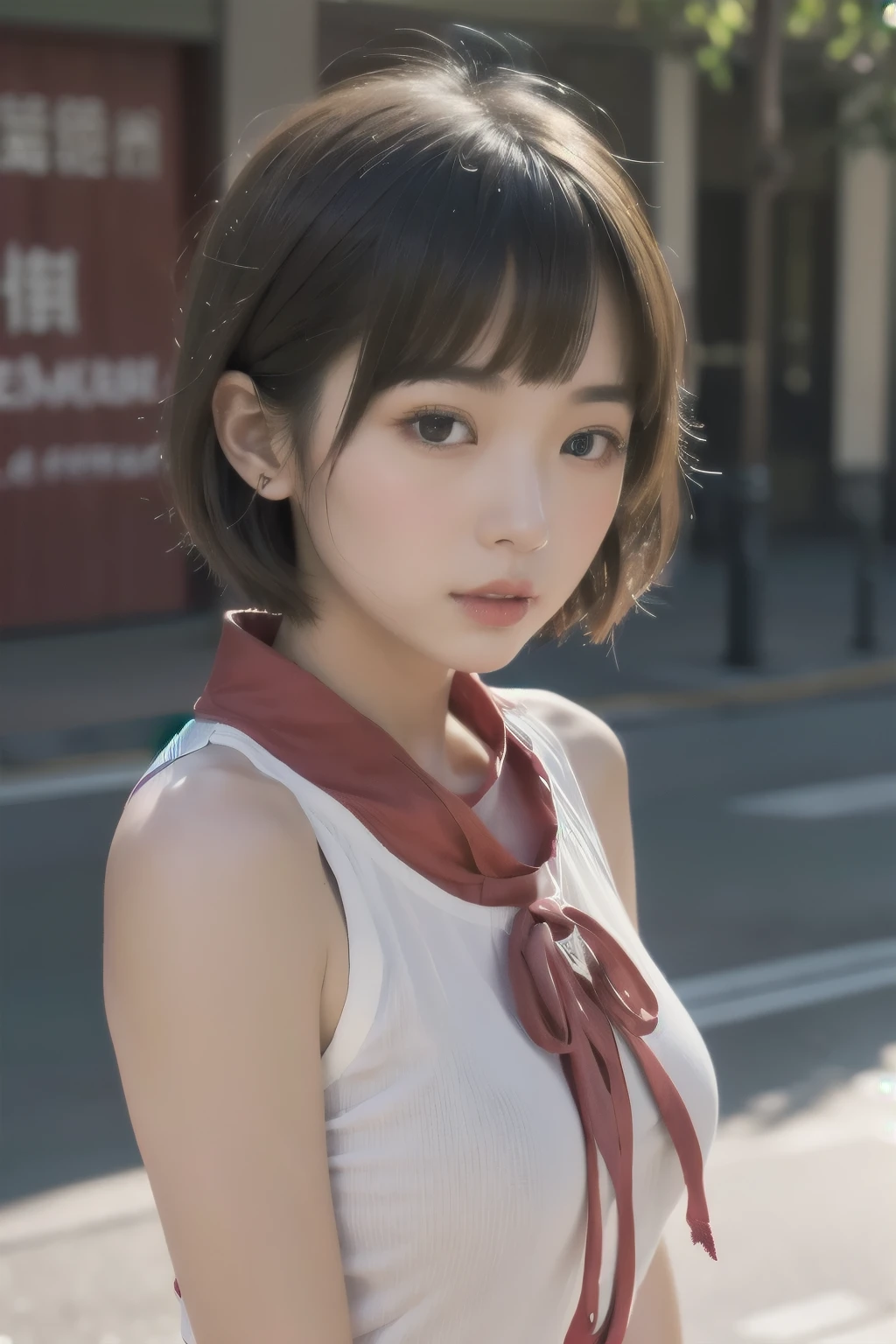  short hair、  short bob、Patsun、Loose Hair Color、  small breasts、  1 girl 、Cheerleader Costume、 masterpiece 、  Japanese girl 、  absurd、  high resolution on down 、 Super detailed、​masterpiece、  extremely detailed CG、3D Photography、3D Background、8k、top-quality、Shadowy、  Clear Focus  、  white skin、  board with a drone、 Blurred Background、dynamic ungle、  closed mouth、 profile、  upper body、[Ultra Clear、Curvaceous、  red cheeks 