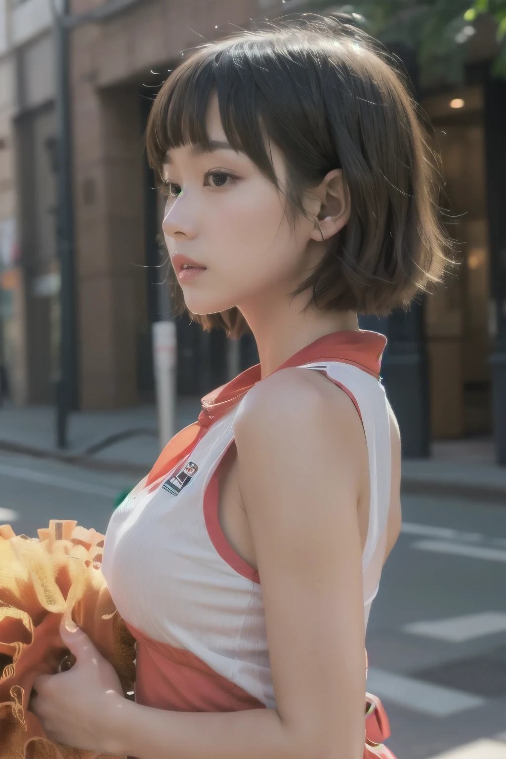  short hair、  short bob、Patsun、Loose Hair Color、  small breasts、  1 girl 、Cheerleader Costume、 masterpiece 、  Japanese girl 、  absurd、  high resolution on down 、 Super detailed、​masterpiece、  extremely detailed CG、3D Photography、3D Background、8k、top-quality、Shadowy、  Clear Focus  、  white skin、  board with a drone、 Blurred Background、dynamic ungle、  closed mouth、 profile、  upper body、[Ultra Clear、Curvaceous、  red cheeks 