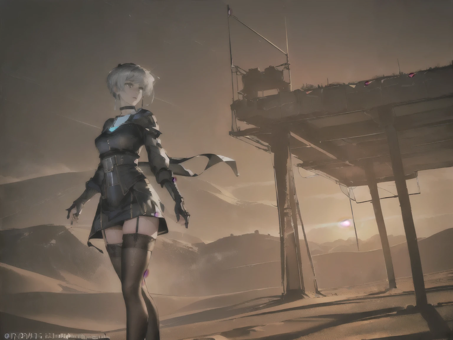 (((best quality, 4k, 8k, highres, masterpiece:1.2, ultra-detailed, realistic, photorealistic, photo-realistic:1.37, dramatic lighting, moody, high contrast, cinematic, intricate details))), (((female: Oil drilling,Hair: buzz cut, Clothing: Work clothes, Accessories: silver hoop earrings and a black choker necklace,Garter Stockings,Place:In the vast desert))),((cyber punk)),(((Place:In the vast desert))),(((There is a figure in the sandstorm. A woman is trying to approach the figure)))