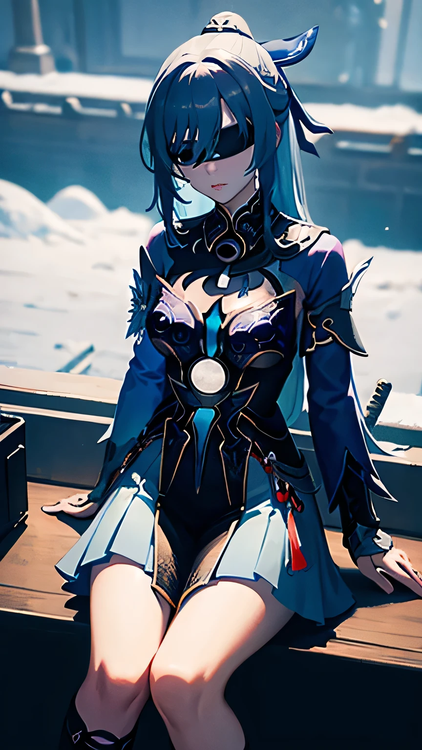 jingliu from hsr; aesthetic; bohemian; realistic; skirt; stockings; skinny fit; sitting honor pose; emo; staring on foreground; night castle background; Dark fantasy winter; focus on hips; goddess; solo girl; blindfold; katana