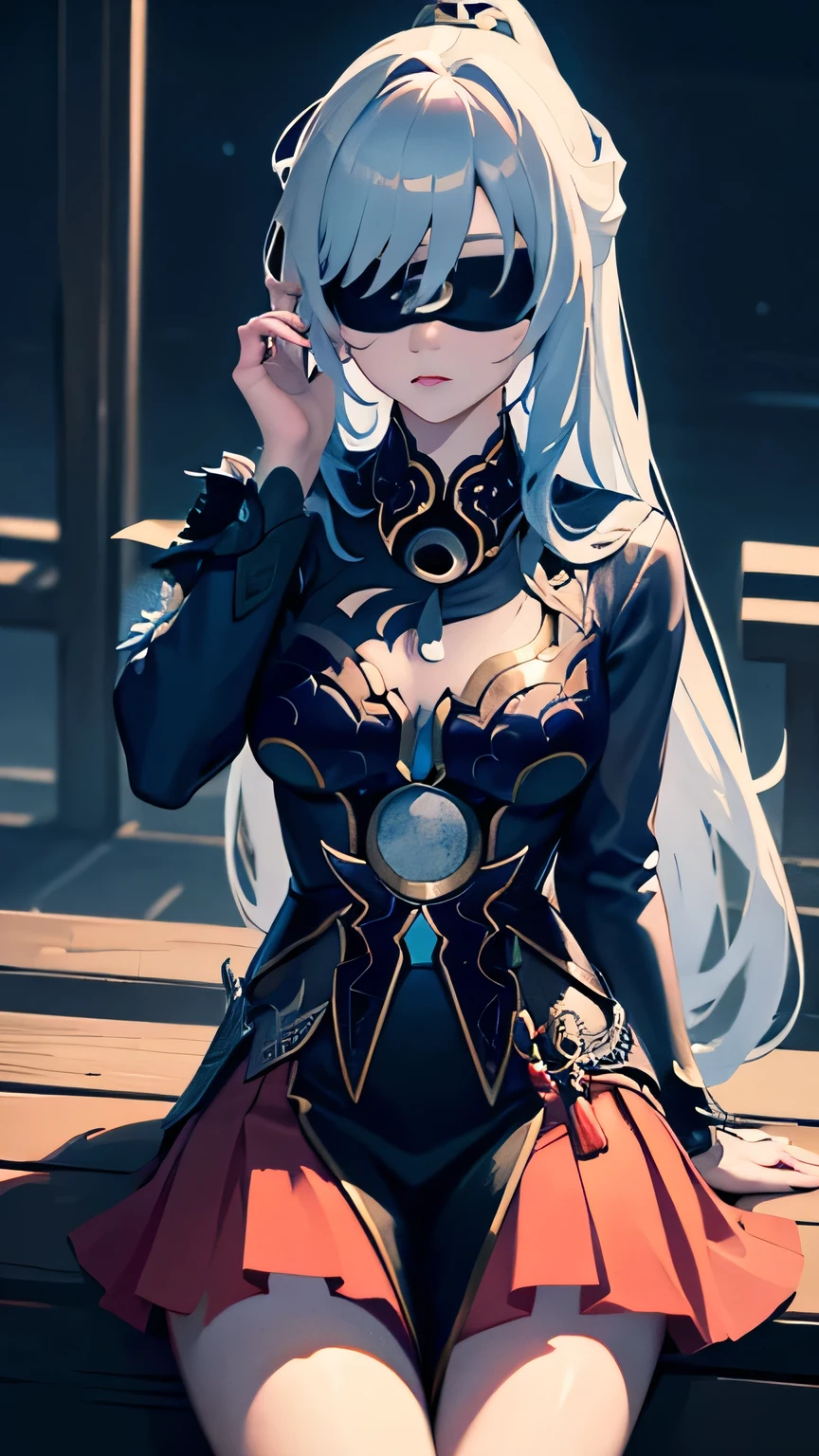 jingliu from hsr; aesthetic; bohemian; realistic; skirt; stockings; skinny fit; sitting honor pose; emo; staring on foreground; night castle background; Dark fantasy winter; focus on hips; goddess; solo girl; blindfold; katana