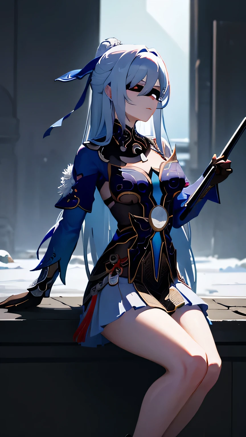 jingliu from hsr; aesthetic; bohemian; realistic; skirt; stockings; skinny fit; sitting honor pose; emo; staring on foreground; night castle background; Dark fantasy winter; focus on hips; goddess; solo girl; blindfold; katana