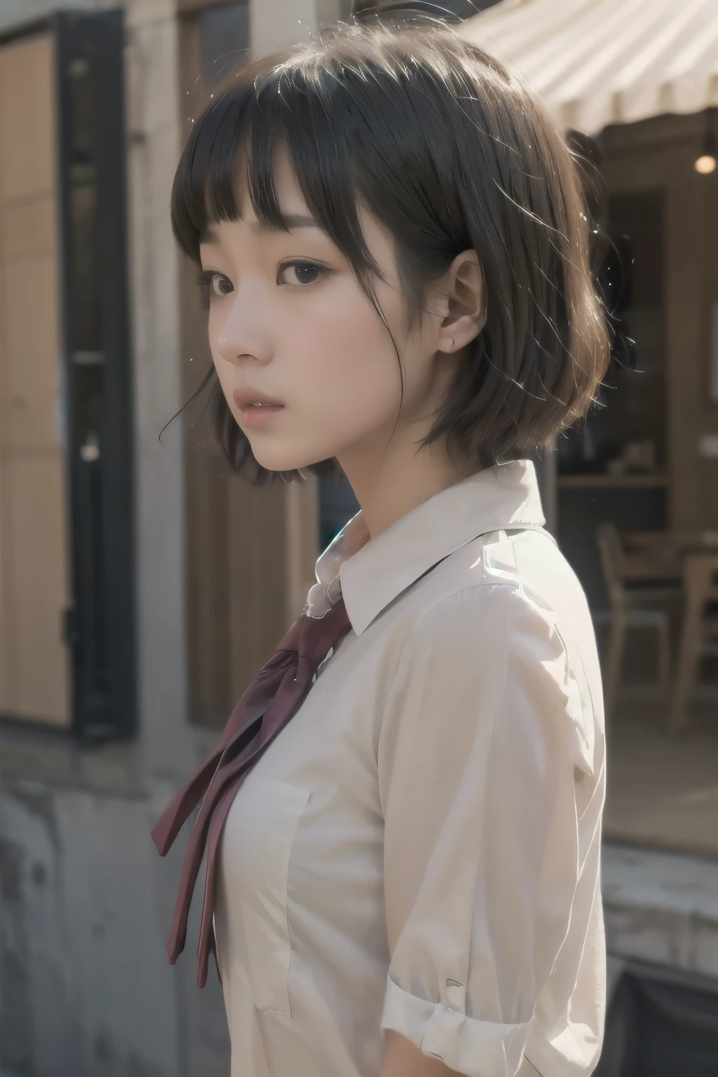  short hair、  short bob、Patsun、Loose Hair Color、  small breasts、  1 girl 、School Uniform、 masterpiece 、  Japanese girl 、  absurd、  high resolution on-down 、 Super detailed、​masterpiece、  extremely detailed CG、3D Photography、3D Background、8k、top-quality、Shadowy、  Clear Focus  、  white skin、  board with a drone、 Blurred Background、dynamic ungle、  closed mouth、 profile、  upper body、[Ultra Clear、Curvaceous、  red cheeks 、fervent gaze、