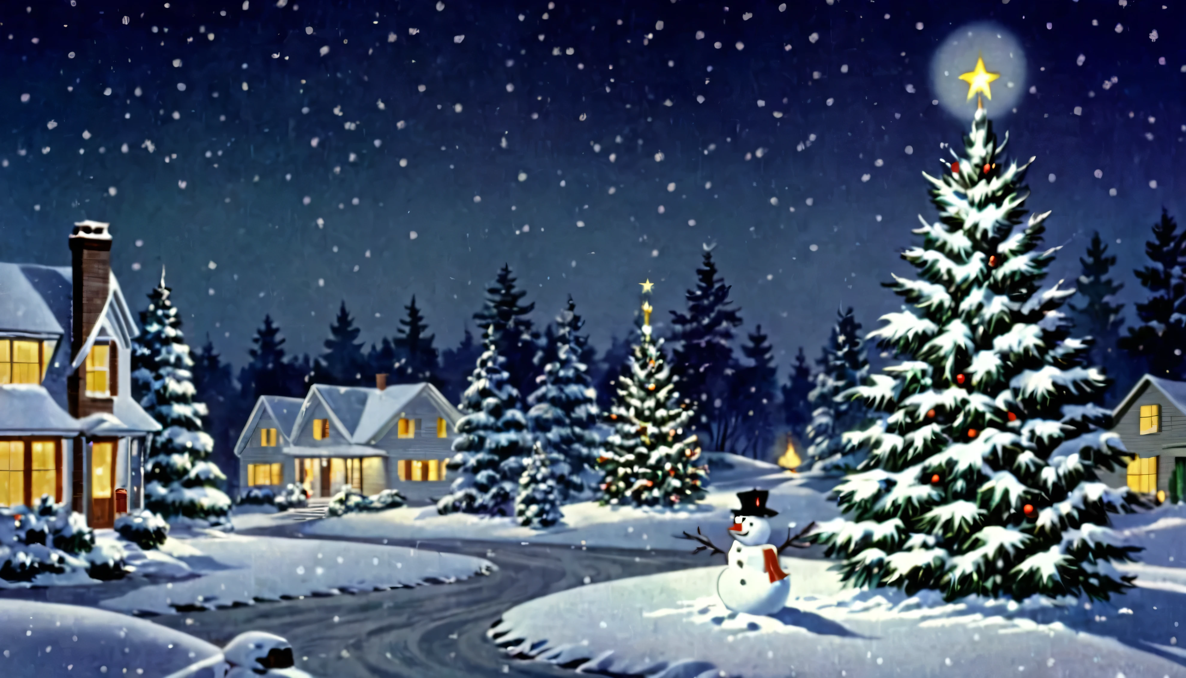 Christmas trees,1950s,America,Surrounding area is a snowy landscape ,Candlelight,Snowman, It's Snowing