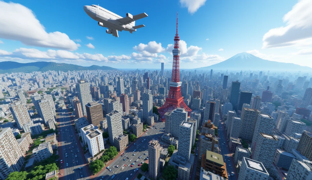 Minecraft style, 3D voxel blocks Art. Panoramic view of central Tokyo, Impressive Jumbo jet, Tokyo Station, Tokyo Tower, Asakusa, Cars on the road, Mt. Fuji, White airship in the distance, Drone photography