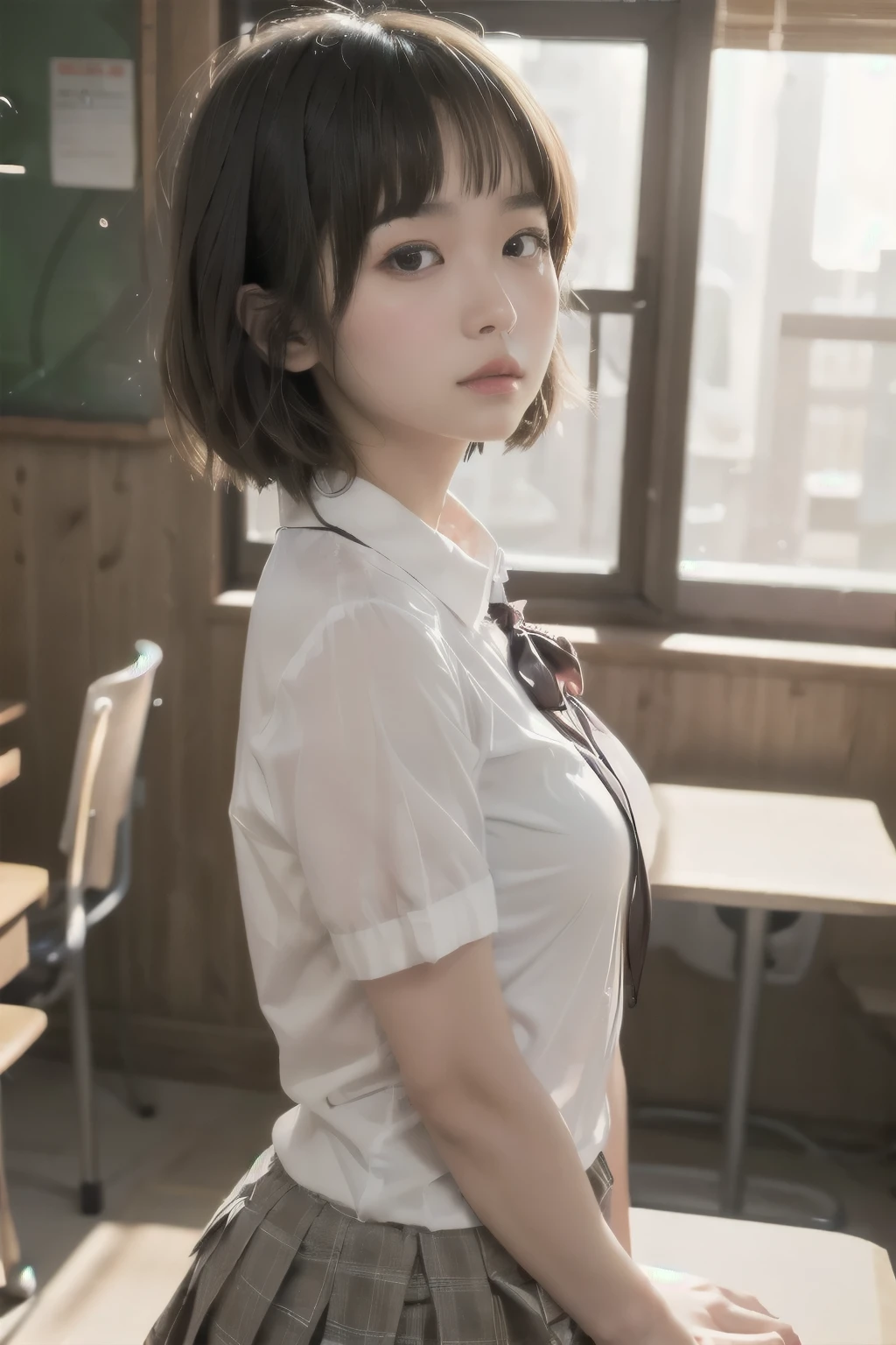  short hair、  short bob、Patsun、Loose Hair Color、  small breasts、  1 girl 、School Uniform、 masterpiece 、  Japanese girl 、  absurd、  high resolution on-down 、 Super detailed、​masterpiece、  extremely detailed CG、3D Photography、3D Background、8k、top-quality、Shadowy、  Clear Focus  、  white skin、  board with a drone、 Blurred Background、dynamic ungle、  closed mouth、 profile、  upper body、[Ultra Clear、Curvaceous、  red cheeks 、Looking up、