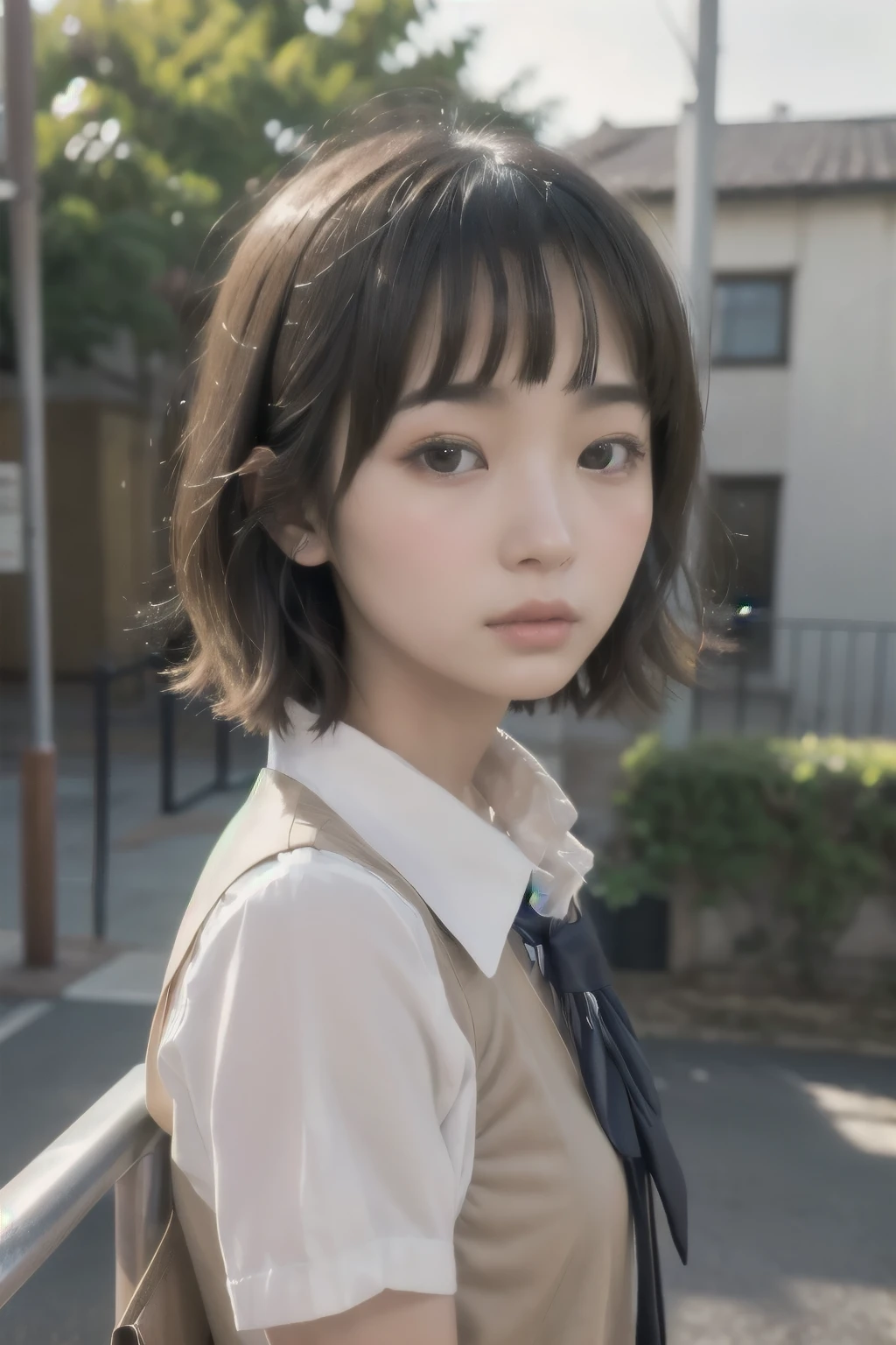  short hair、  short bob、Patsun、Loose Hair Color、  small breasts、  1 girl 、School Uniform、 masterpiece 、  Japanese girl 、  absurd、  high resolution on down 、 Super detailed、​masterpiece、  extremely detailed CG、3D Photography、3D Background、8k、top-quality、Shadowy、  Clear Focus  、  white skin、  board with a drone、 Blurred Background、dynamic ungle、  closed mouth、 profile、  upper body、[Ultra Clear、Curvaceous、  red cheeks 、Looking up、