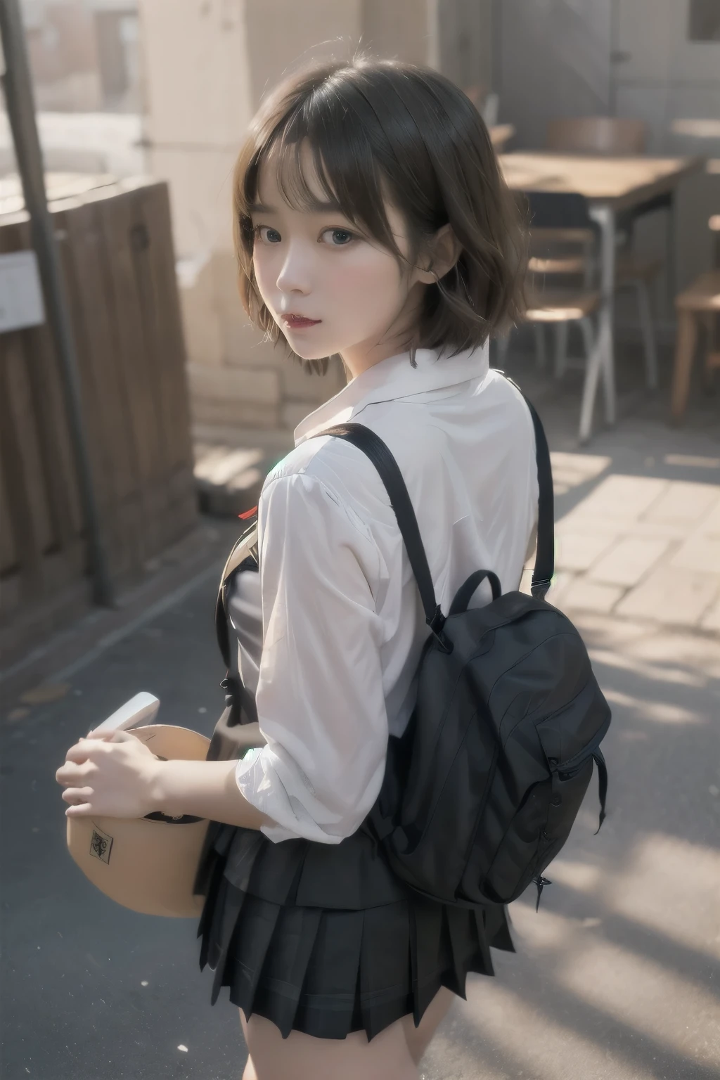  short hair、  short bob、Patsun、Loose Hair Color、  small breasts、  1 girl 、School Uniform、 masterpiece 、  Japanese girl 、  absurd、  high resolution on-down 、 Super detailed、​masterpiece、  extremely detailed CG、3D Photography、3D Background、8k、top-quality、Shadowy、  Clear Focus  、  white skin、  board with a drone、 Blurred Background、dynamic ungle、  closed mouth、 profile、  upper body、[Ultra Clear、Curvaceous、  red cheeks 、Looking up、front、Photographed from diagonally above