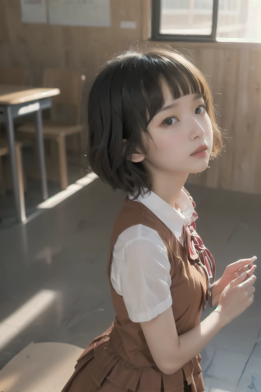  short hair、  short bob、Patsun、Loose Hair Color、  small breasts、  1 girl 、School Uniform、 masterpiece 、  Japanese girl 、  absurd、  high resolution on-down 、 Super detailed、​masterpiece、  extremely detailed CG、3D Photography、3D Background、8k、top-quality、Shadowy、  Clear Focus  、  white skin、  board with a drone、 Blurred Background、dynamic ungle、  closed mouth、 profile、  upper body、[Ultra Clear、Curvaceous、  red cheeks 、Looking up、front、Photographed from diagonally above