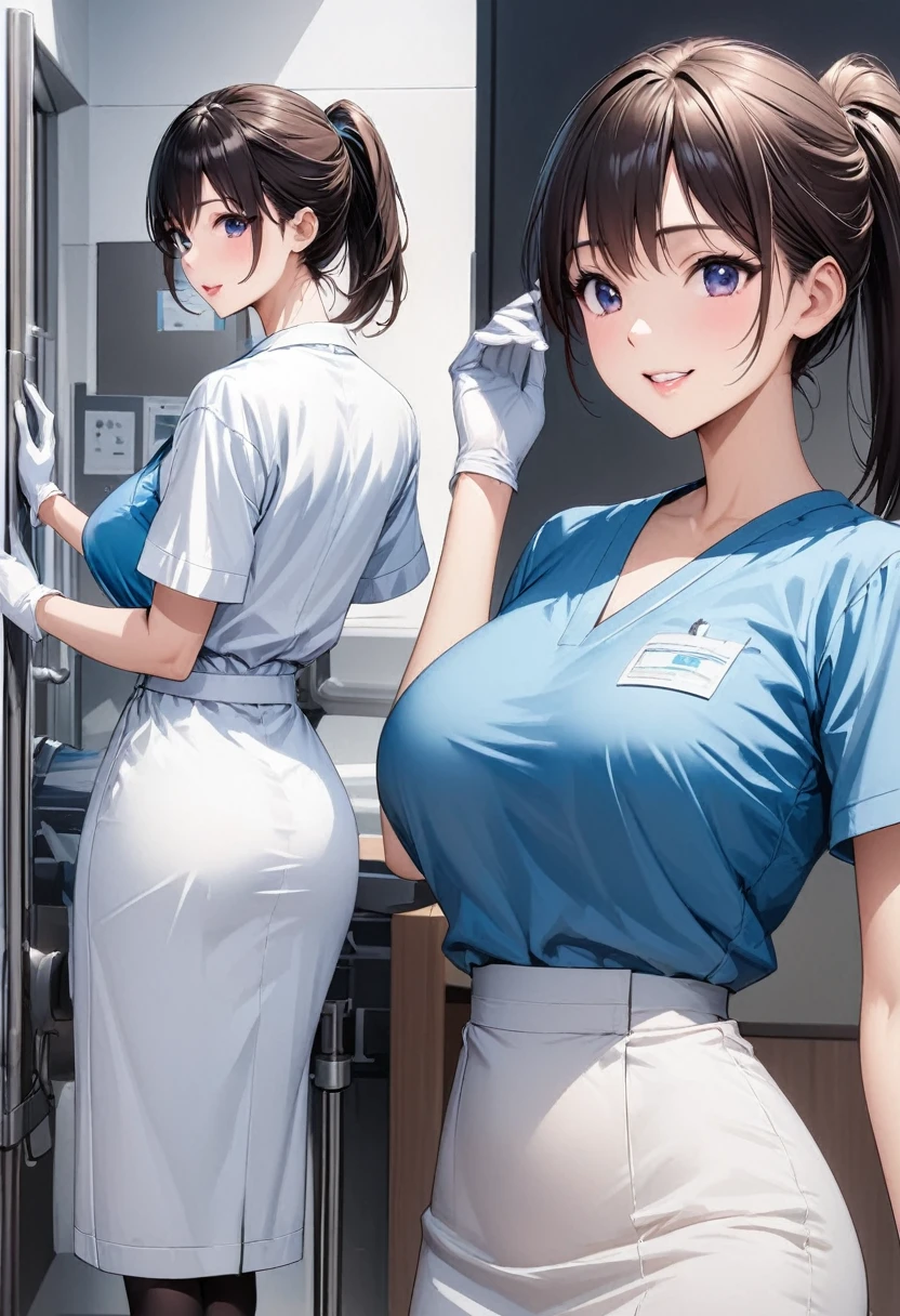 Beautiful girl 、Age 30、Best Quality、Ultra-precision、Detailed drawing、hospital、white doctor clothes 、 blue v-neck shirt 、White Skirt、 black stockings in a dark prison、 white gloves、Sharpness、 ponytail、Vivid colors、smile、 beautiful slender figure、Beautiful big boobs、Accurate depiction、 CG illustration 、
