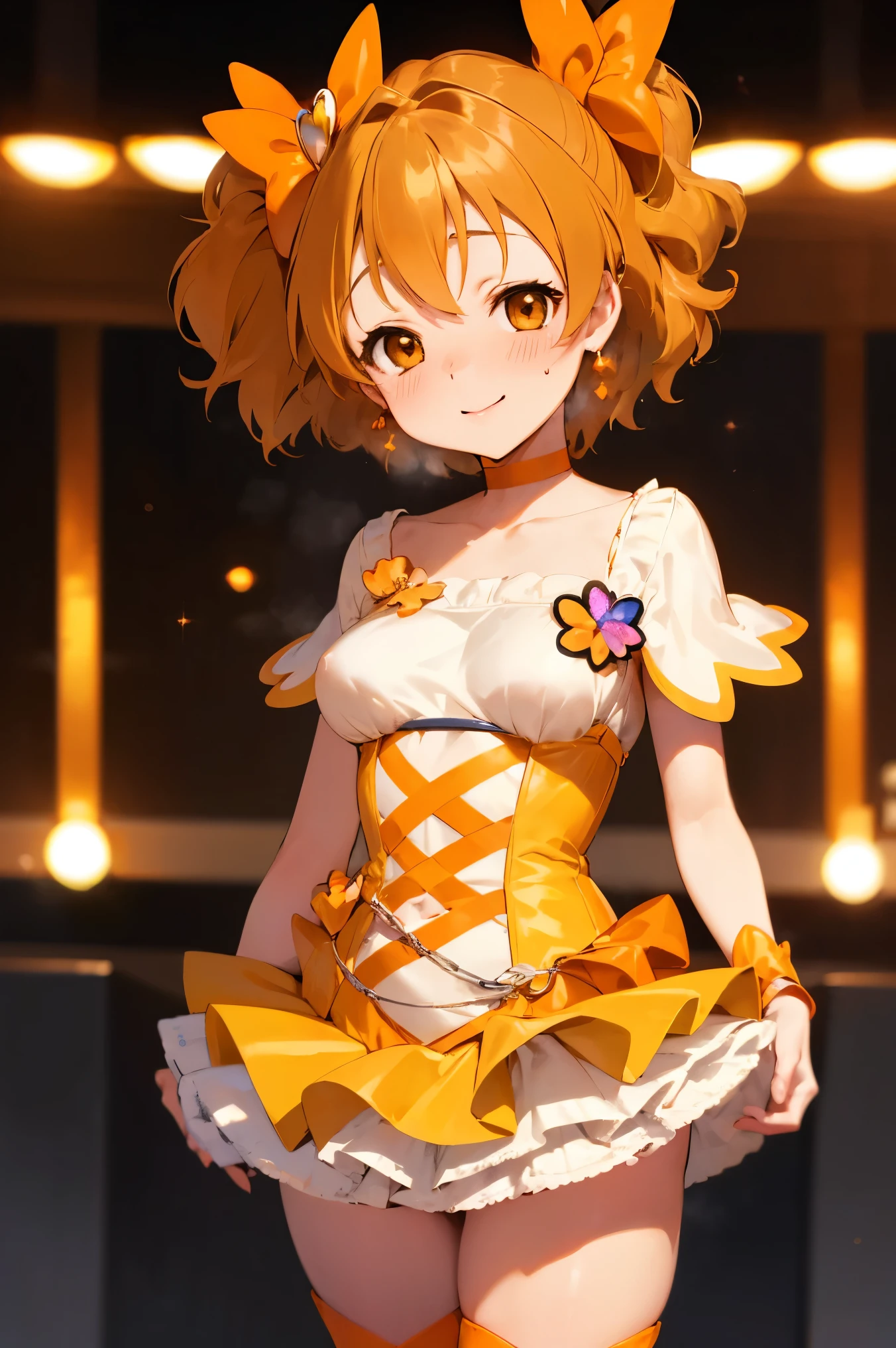 NSFW,masterpiece,Best Quality, high resolution on down, very detailed,Cure Pine \( Pretty Cure\), one side up 、 short hair、 hair bow、Frills、Short sleeve、Wrist cuffs、 orange choker、orange boots 、Yellow Skirt