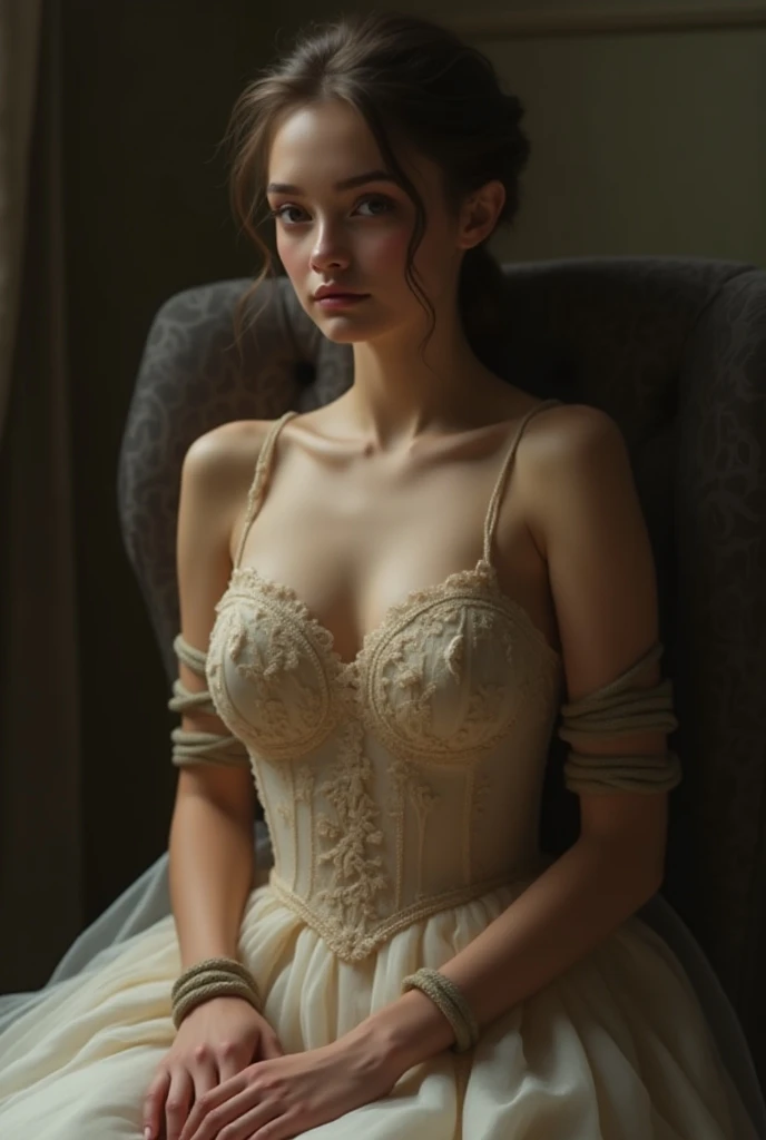 Victoria Beckham, wearing veil bride corset costume transparent. professionally retouched, soft lighting, realistic, smooth face, perfect eyes, sharp focus on eyes, 8 k, high definition, insanely detailed, intricate, elegant. against the background of a confectionery shop.