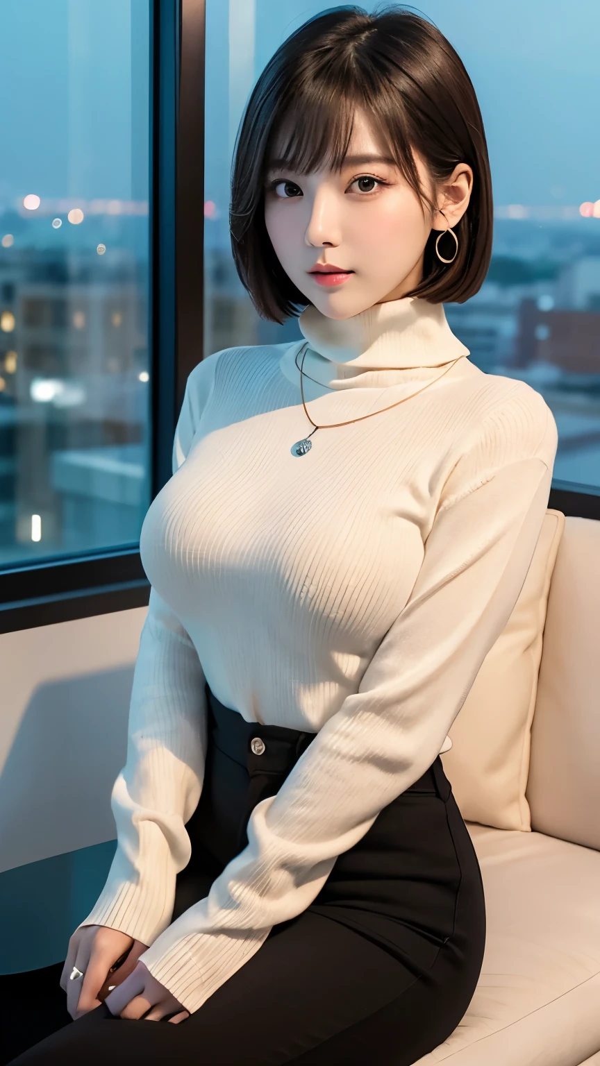Beautiful illustration、top-quality、Cute glasses girl、shy, blush, Bedroom、A black-haired、short bob-cut hair、bangs, thin hair, (((orange turtleneck sweater)))、(((white skinny pants)))、Colossal tits、a navel、bare-legged、blue eyess、on the beds、lovely thighs、glowing thigh, hands between legs:1.3, sagging breasts:1.38, medium brests:1.3, hands between legs,