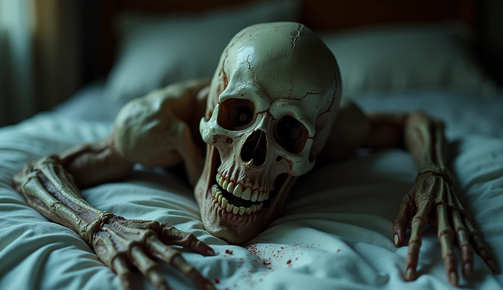 ghost of a man lying in a bed, drawn and black and white