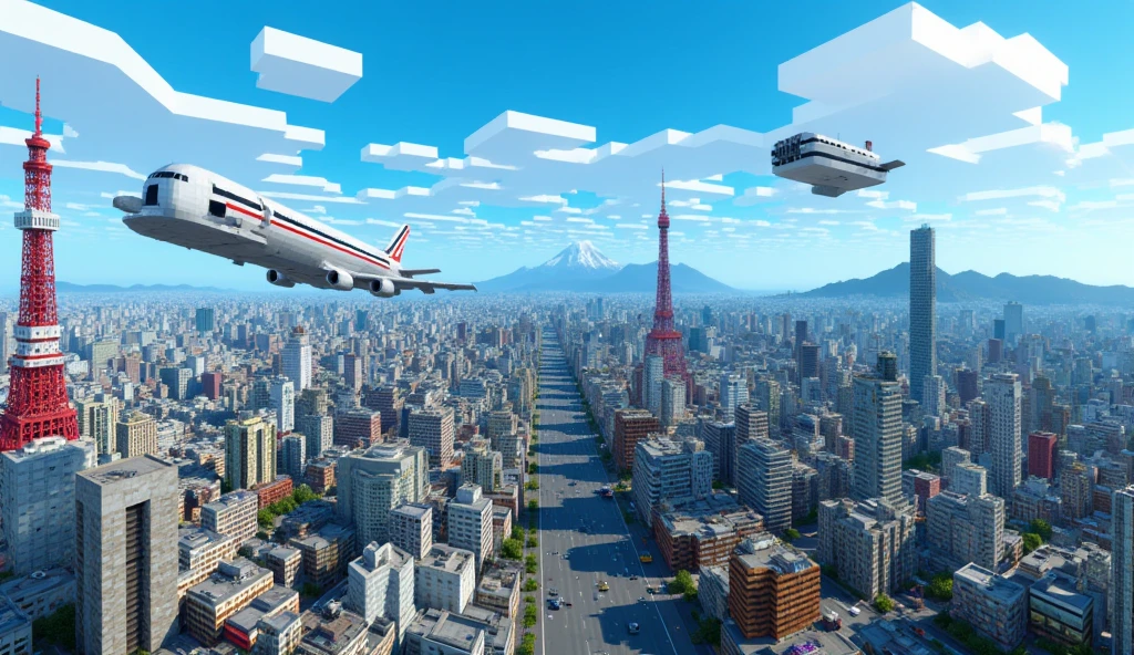 Minecraft style, 3D voxel blocks Art. Panoramic view of central Tokyo, Impressive Jumbo jet, Tokyo Station, Tokyo Tower, Asakusa, Cars on the road, Mt. Fuji, White airship in the distance, blue sky, Drone photography