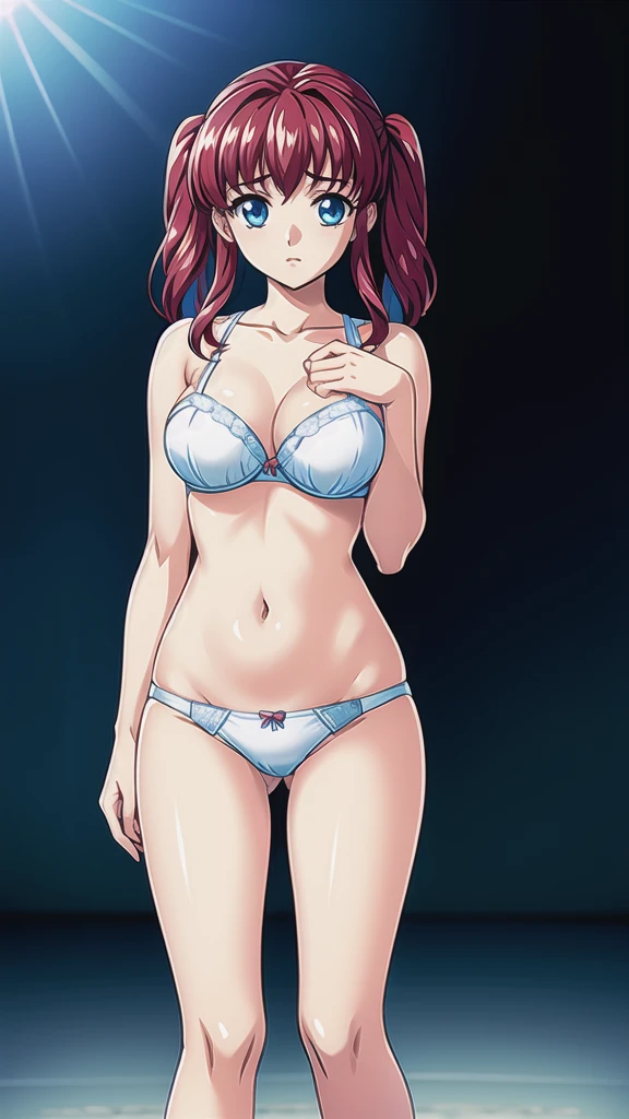  red hair、 Twin Tails、悲しいface、 blue eyes 、 Full Body Style 、Normal milk、 narrow waist 、Bare legs、In underwear、、 upper body bra、 white bra、lower body panties ，White ribbon panties，White pumps、 official art, Extremely High Definition CG Unity 8k Wallpaper, full light, colorful, bright _ Front_face_Lighting,  shiny skin, ( masterpiece:1.0),(Highest_quality:1.0), 超 high resolution on down,4K, Ultra Detailed Photoshoot , 8k,  high resolution on down,  high resolution on down,  absurd:1.2,  Kodak Portra 400,  film grain,  blurry background, Bokeh:1.2,  lens flare , (Vibrant_ color:1.2), Professional photography, Anime Images、