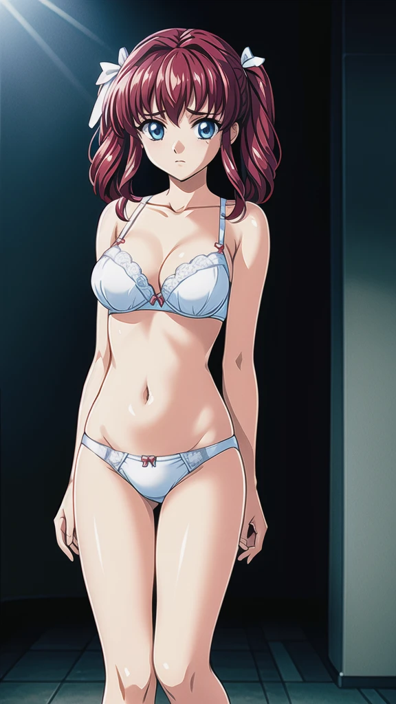  red hair、 Twin Tails、悲しいface、 blue eyes 、 Full Body Style 、Normal milk、 narrow waist 、Bare legs、In underwear、、 upper body bra、 white bra、lower body panties ，White ribbon panties，White pumps、 official art, Extremely High Definition CG Unity 8k Wallpaper, full light, colorful, bright _ Front_face_Lighting,  shiny skin, ( masterpiece:1.0),(Highest_quality:1.0), 超 high resolution on down,4K, Ultra Detailed Photoshoot , 8k,  high resolution on down,  high resolution on down,  absurd:1.2,  Kodak Portra 400,  film grain,  blurry background, Bokeh:1.2,  lens flare , (Vibrant_ color:1.2), Professional photography, Anime Images、