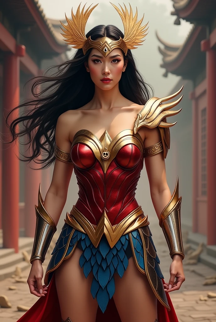 (best quality,4k,8k,highres,masterpiece:1.2),ultra-detailed,(realistic,photorealistic,photo-realistic:1.37),Asian girl in gladiator armor,warrior princess,exotic beauty,sharp focus,sleek armor,embellished armor,historical setting,vibrant colors,dramatic lighting,action-packed scene,fierce pose,confident gaze,intense atmosphere,epic battle,ancient Rome-inspired,gritty texture,dynamic composition,attention to facial details,intricate armor engravings,flowing hair,exquisite makeup,regal crown,impressive weapon,authentic background,dusty arena,stone pillars,imposing architecture,emerging from clouds of dust,fearless expression,sword in hand,strong and powerful presence,artistic interpretation,symbol of strength and bravery,awe-inspiring,heroic stature,monumental moment.