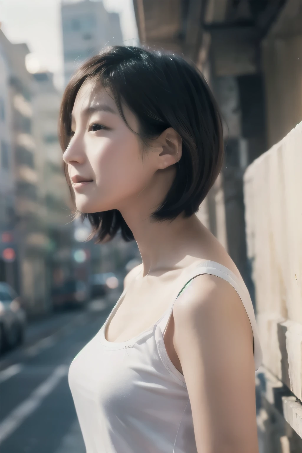  short hair、  short bob、Patsun、Loose Hair Color、  small breasts、  1 girl 、School Uniform、 masterpiece 、  Japanese girl 、  absurd、  high resolution on-down 、woman、 Super detailed、​masterpiece、  extremely detailed CG、3D Photography、3D Background、8k、top-quality、Shadowy、  Clear Focus  、  white skin、  board with a drone、 Blurred Background、dynamic ungle、  closed mouth、 profile、  upper body、[Ultra Clear、Curvaceous、  red cheeks 、Looking up、smile、front、Photographed from diagonally above