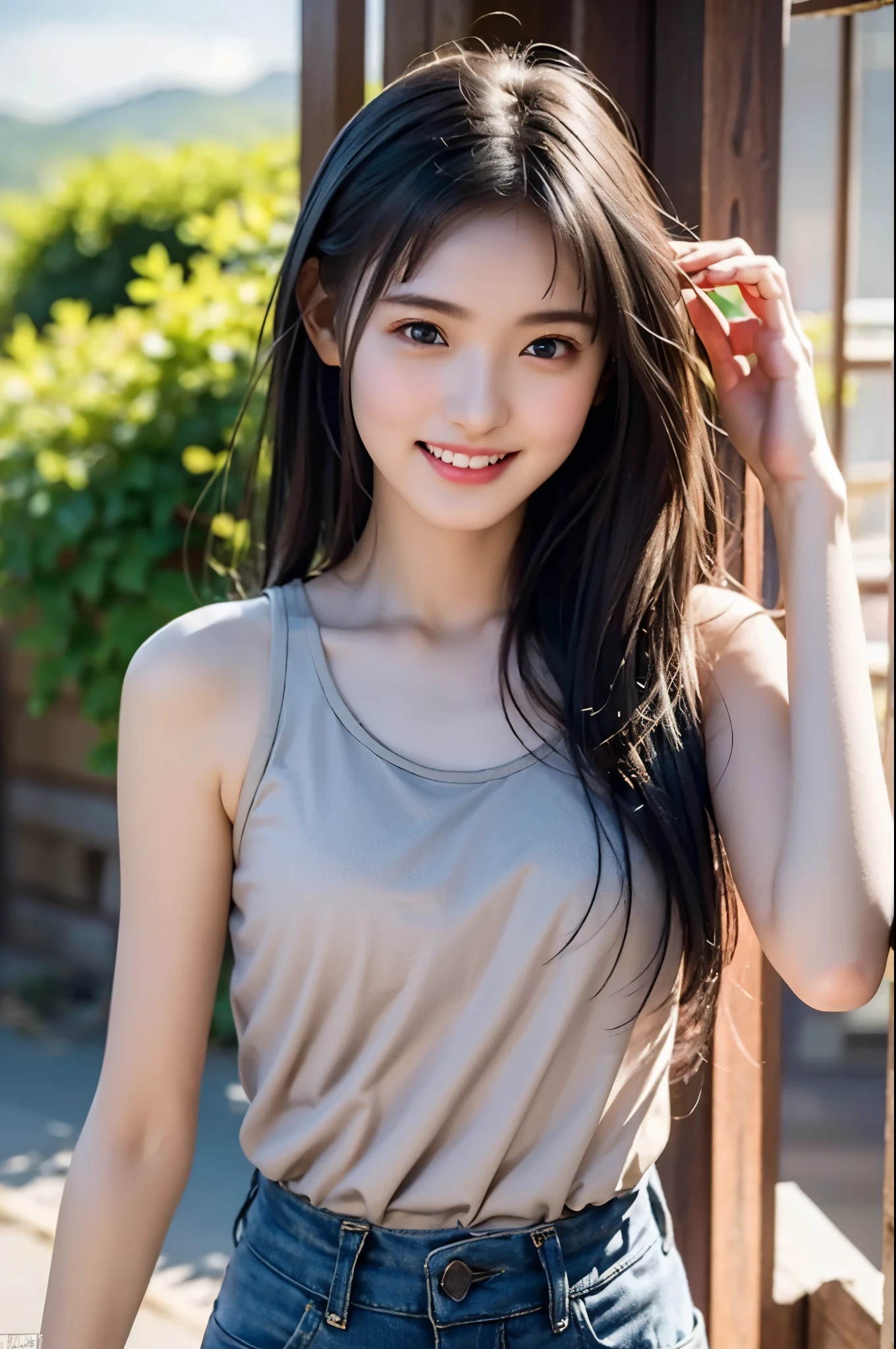 High image quality , 8k, Best Quality,  Details, Semi-realistic animations , 3d anime style sex  ,  Smooth Animated CG  ,  one girl playing pranks ,  A 20-year-old Japanese woman  , slim, modeling, Shiny black hair,  Detailsな顔, Beautiful and  Details,  growing skin  ,  Hard Focus  、  film grain ,  soft lighting ,  I'm looking at this、smile, (A woman is wearing a tank top and shorts), A ranch with vast pastures、Sunny summer landscape