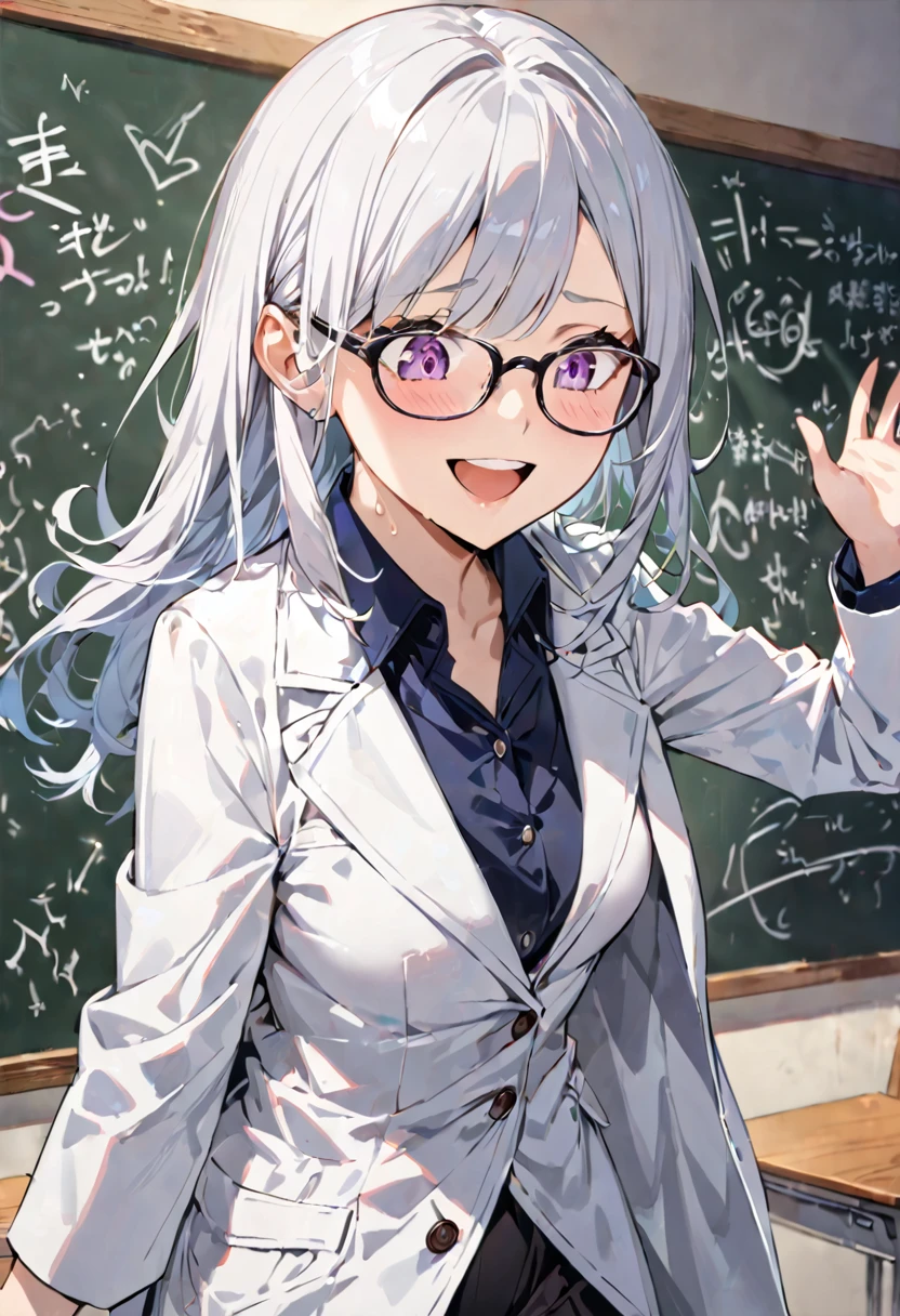 An intelligent female scholar with glasses in a white coat who solved God's formula on a blackboard smiles with so much insane excitement, incontinence, small breasts, erecstasy