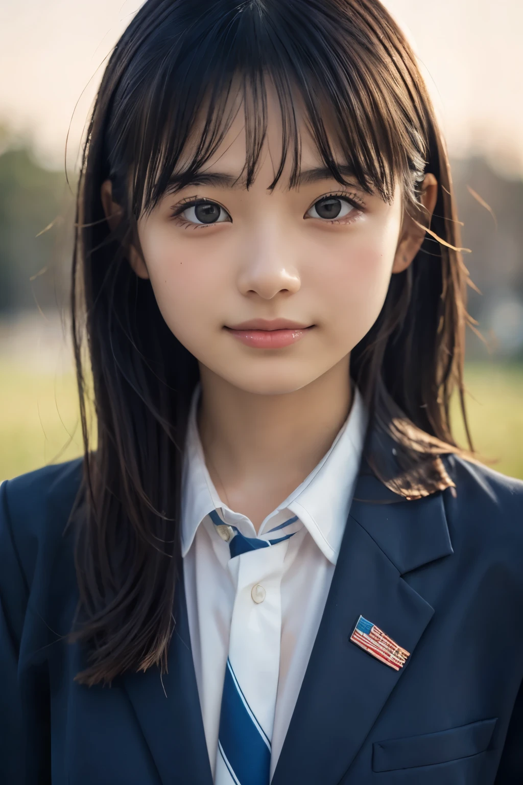 (highest quality,8K quality,masterpiece:1.3),(ultra high resolution,photorealistic:1.4,Live shooting),(Super detailed,caustics,detailed background),(ultra-realistic capture,Beautifully detailed skin,perfect anatomy),at dusk,sunset sky,school building,schoolyard,,cute,single eyelid,black long hair,School Blazer Uniform,Looking at the camera,A sloppy smile,bust up shot,Natural light