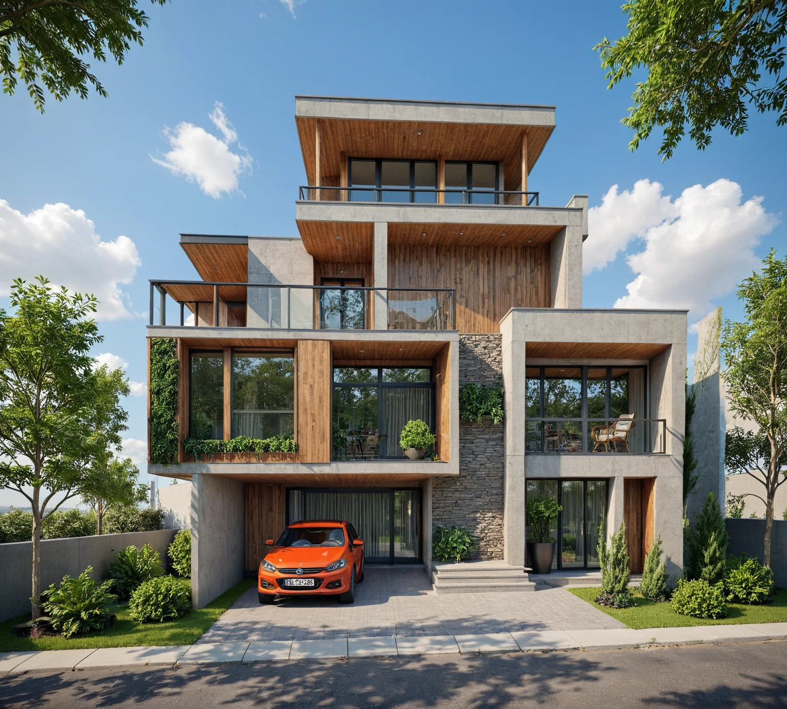 The image depicts a modern, multi-story townhouse in an urban setting, characterized by its sleek design, verticality, and natural elements like wood and greenery. The building is tall and narrow, maximizing vertical space, with a dark gray facade and a mix of solid and slatted sections. The building features integrated plants and balconies, creating a vertical garden effect. The ground floor features a dark gray gate, a metal pergola, and a diamond logo. The windows and balconies are large, dark frames, and feature glass railings. The building is situated in an urban environment with palm trees and a street, sun clouds, Best Quality,Masterpiece, UHD, 4k, Stunning,Eye-catching,Sharp edge render, Award winner design in 2024, Photorealistic, High-Resolution, Detailed, Accurate, Vibrant, Dynamic Lighting, Textured, Perspective, Atmospheric, Contextual, Balanced Composition, Material Realism, Interactive, Immersive, Narrative, Minimalist, Metal, Wood, Textured, Polished Surfaces, Neutral Tones, Accent Colors, Open Space, Integrated Lighting, Sleek Finishes,