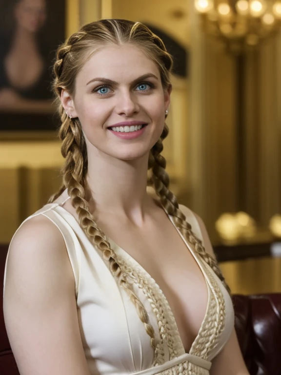 Alexandra Daddario, solo, realistic, photorealistic, natural lighting, (large forehead, (((Latvian woman))), (((Latvian nose))), (((Latvian eyes))), (((blonde))), (((braids))), (((Latvian face))), (((Latvian lips))), (((Latvian body))), (((fair complexion))) pose: sitting on a chair, smiling, wearing Boho Maxi Dress  , cleavage, background: A sleek, corporate-themed bar where deals are made over expensive whiskey and cigars, frequented by business executives and entrepreneurs.