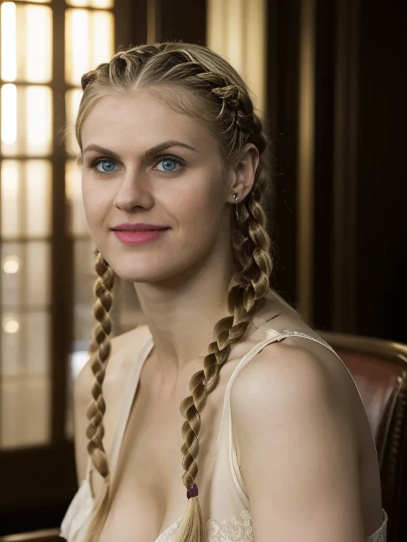 Alexandra Daddario, solo, realistic, photorealistic, natural lighting, (large forehead, (((Latvian woman))), (((Latvian nose))), (((Latvian eyes))), (((blonde))), (((braids))), (((Latvian face))), (((Latvian lips))), (((Latvian body))), (((fair complexion))) pose: sitting on a chair, smiling, wearing Boho Maxi Dress  , cleavage, background: A sleek, corporate-themed bar where deals are made over expensive whiskey and cigars, frequented by business executives and entrepreneurs.