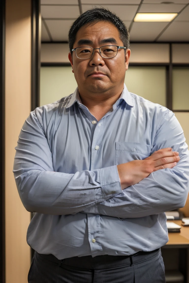 A slightly overweight 30-year-old Japanese man.,  A Japanese man wearing a white business shirt is standing,  gray pants , Medium length hair, Natural Hair, He is looking at the audience, Round face:2,  THICK THIGS , Mouth details, At the office at night,  Coffee Break , Super detailed,  anatomically correct,   This photo was taken with a medium telephoto lens  , Dark warehouse at night, Green,  she wears a silver ring on the ring finger of her left hand., He has his mouth slightly open,  orgasm facial, Erotic Humiliation, Glasses, ((( cross your arms and tilt your face to the side)))、(((Frowning and questioning expression )))、